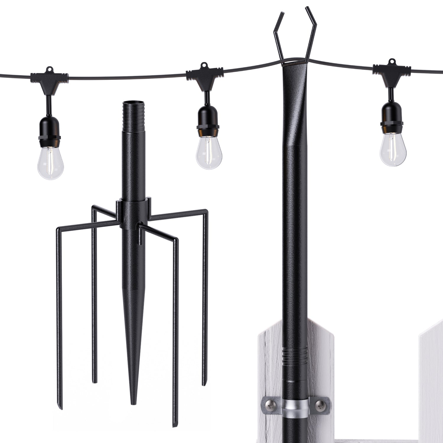 10ft String Light Pole, Black, Matte Finish