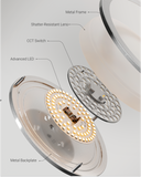 The ceiling fixture is constructed of a durable metal frame, shatter-resistant lens, a CCT switch, and advanced LED technology.