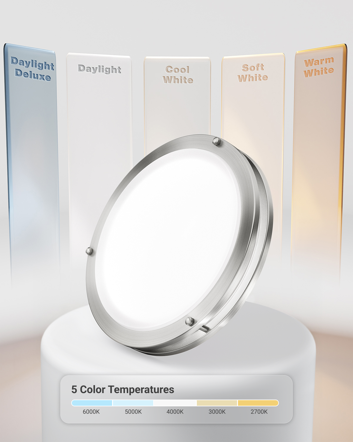 Choose from 5 selectable color temperatures (2700K, 3000K, 4000K, 5000K, 6000K) that fit the right ambiance for your space.
