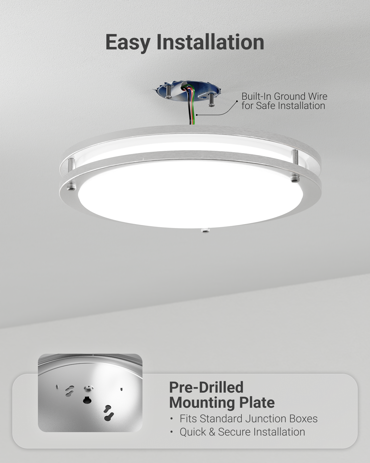 Installation is simple and quick. The fixture includes a built-in ground wire for safe setup, and a pre-drilled mounting plate that fits standard junction boxes.