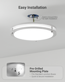 Installation is simple and quick. The fixture includes a built-in ground wire for safe setup, and a pre-drilled mounting plate that fits standard junction boxes.