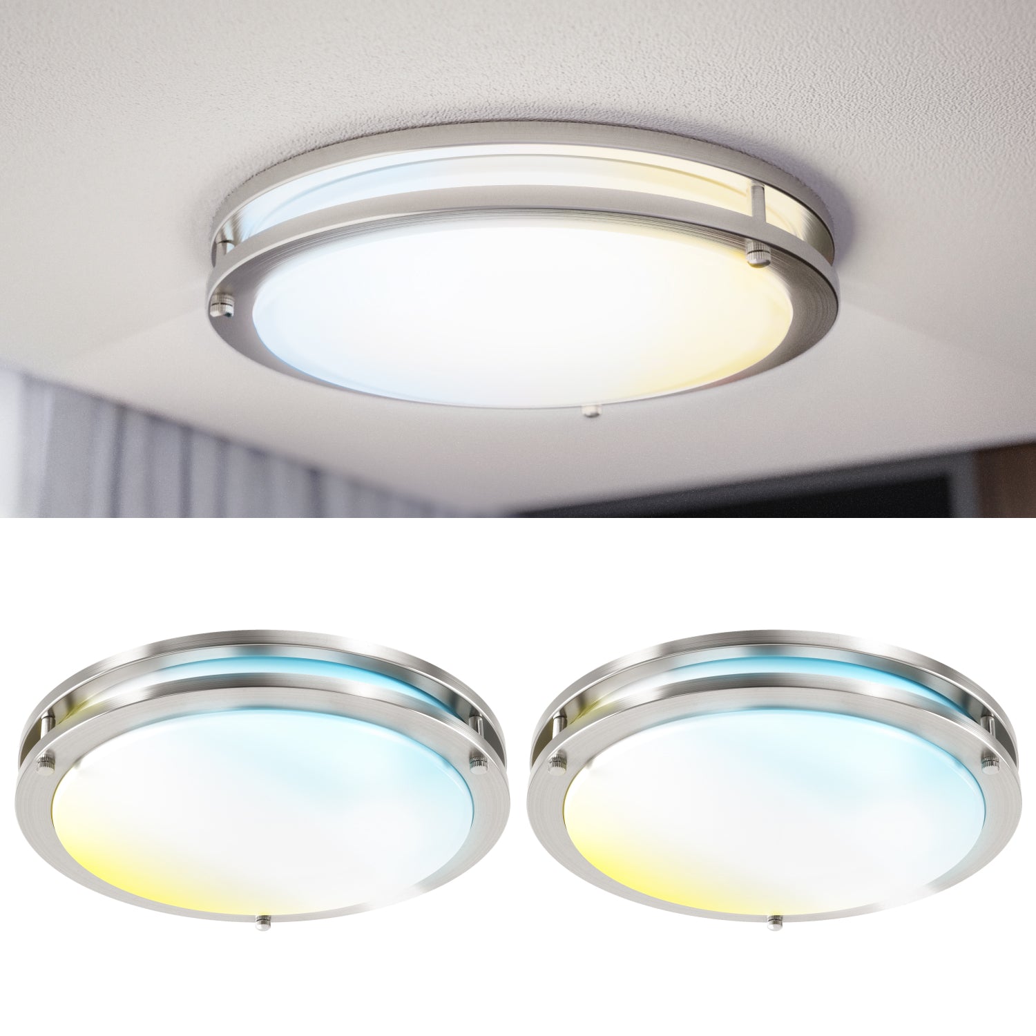 12 Inch Round LED Ceiling, Brushed Nickel, Selectable CCT, 1300 Lumens