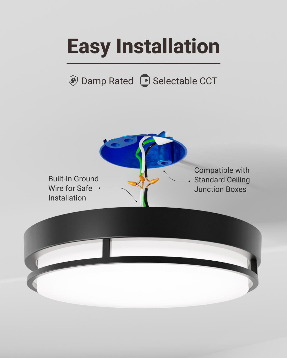 Easy installation and includes a built-in ground wire for added safety. Compatible with standard junction boxes.