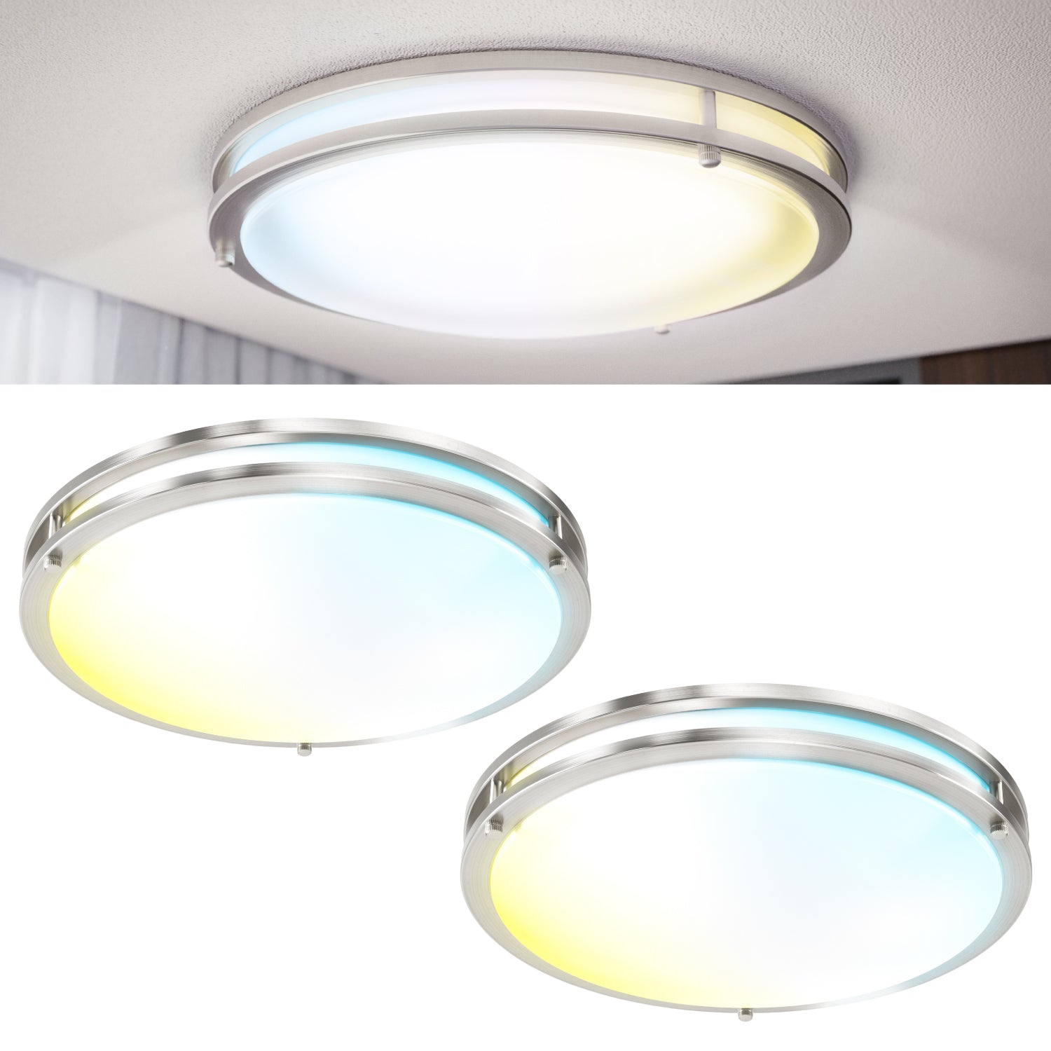 14 Inch Round LED Ceiling Light, Brushed Nickel, Selectable CCT, 1500 Lumens