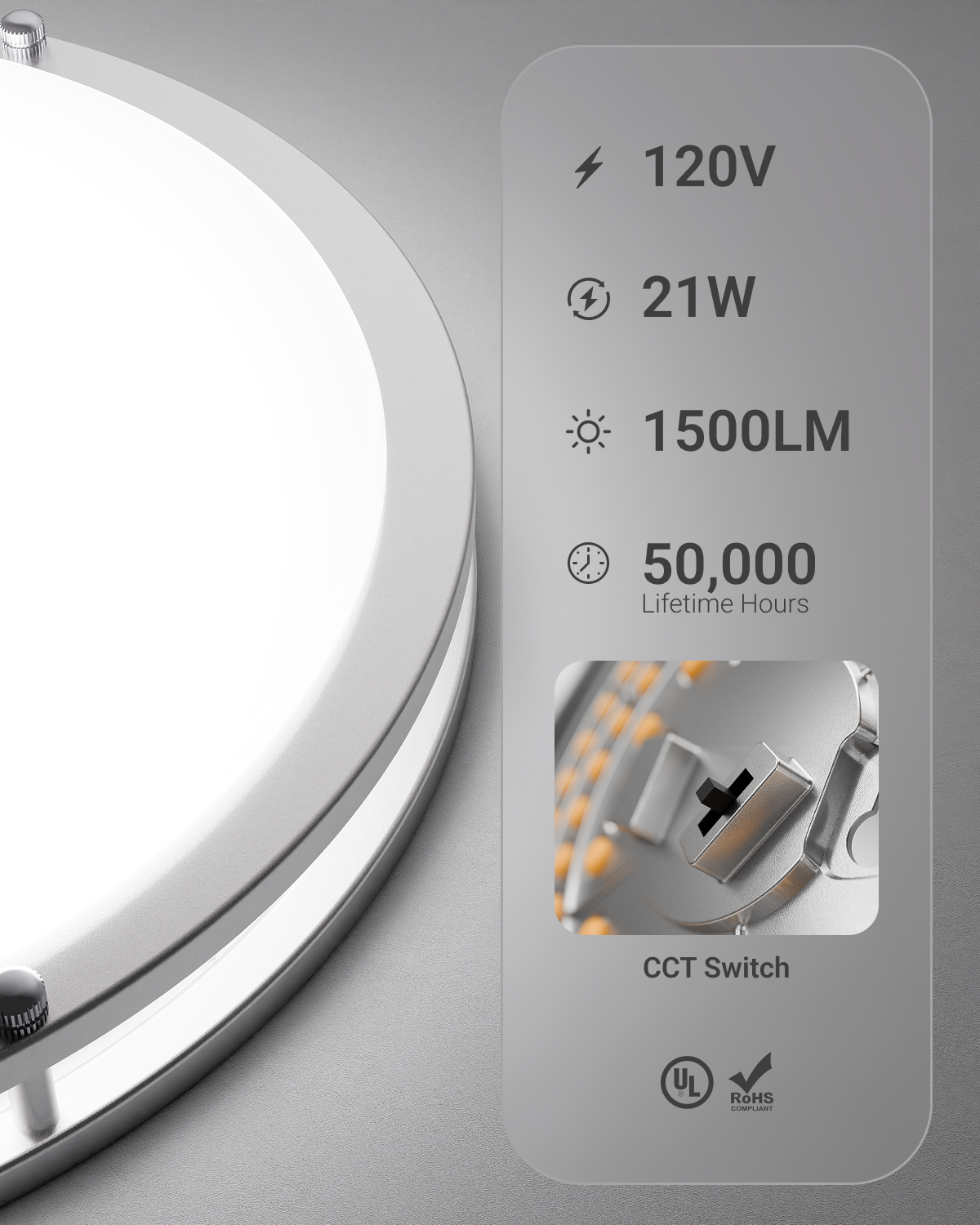 Easy CCT selection with the slider switch on light. Try each color temperature to suit the look and feel of your room, then lock in your selection during the installation.