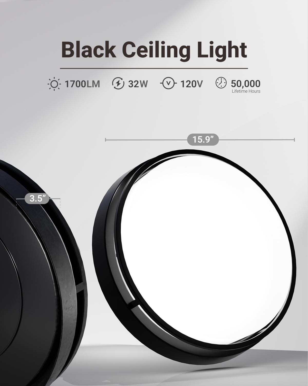 Sunco's Black Ceiling Light is 3.5 inches thick and 16 inches in diameter, giving off 1700 lumens at 32 watts.