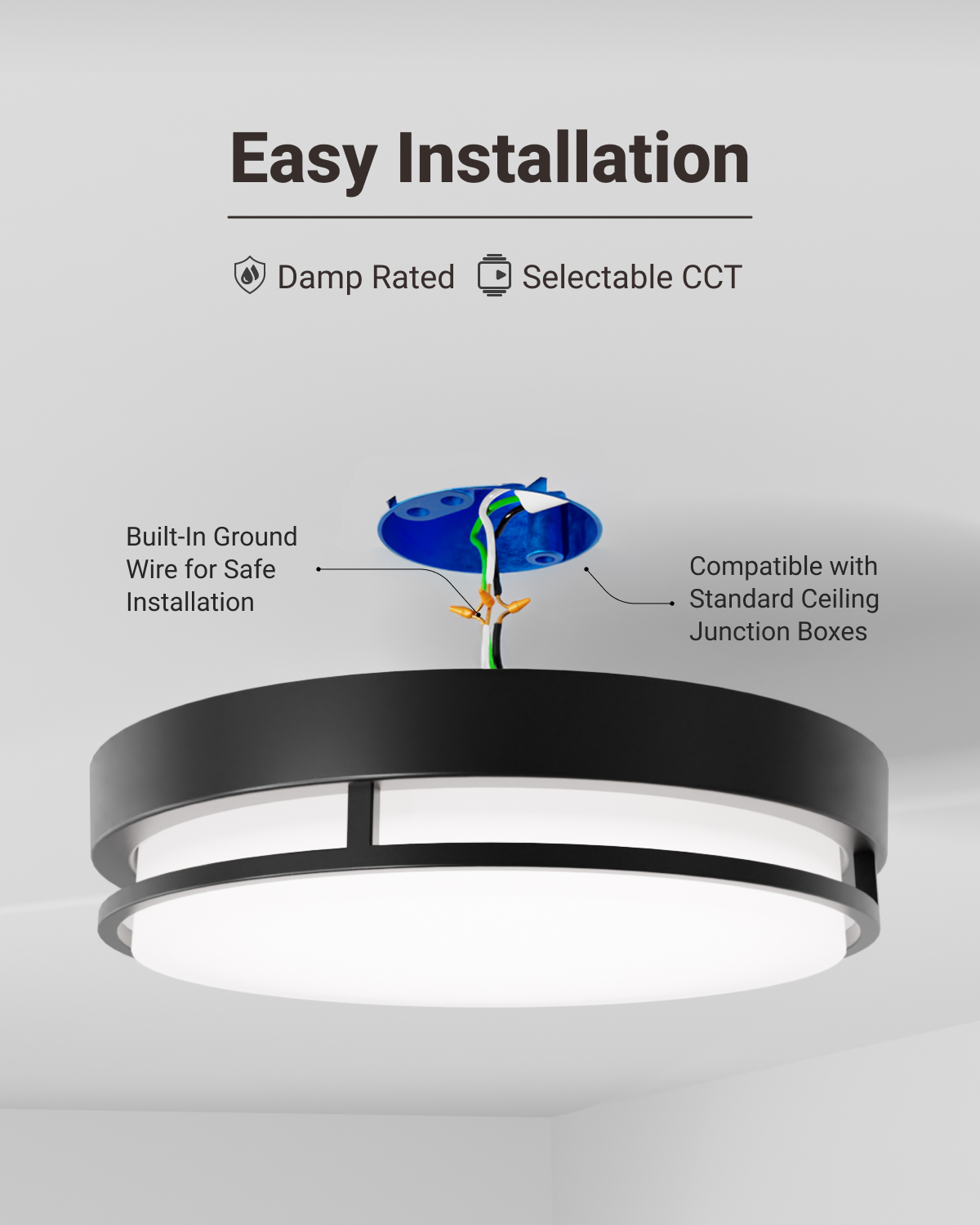 Easy installation and includes a built-in ground wire for added safety. Compatible with standard junction boxes.
