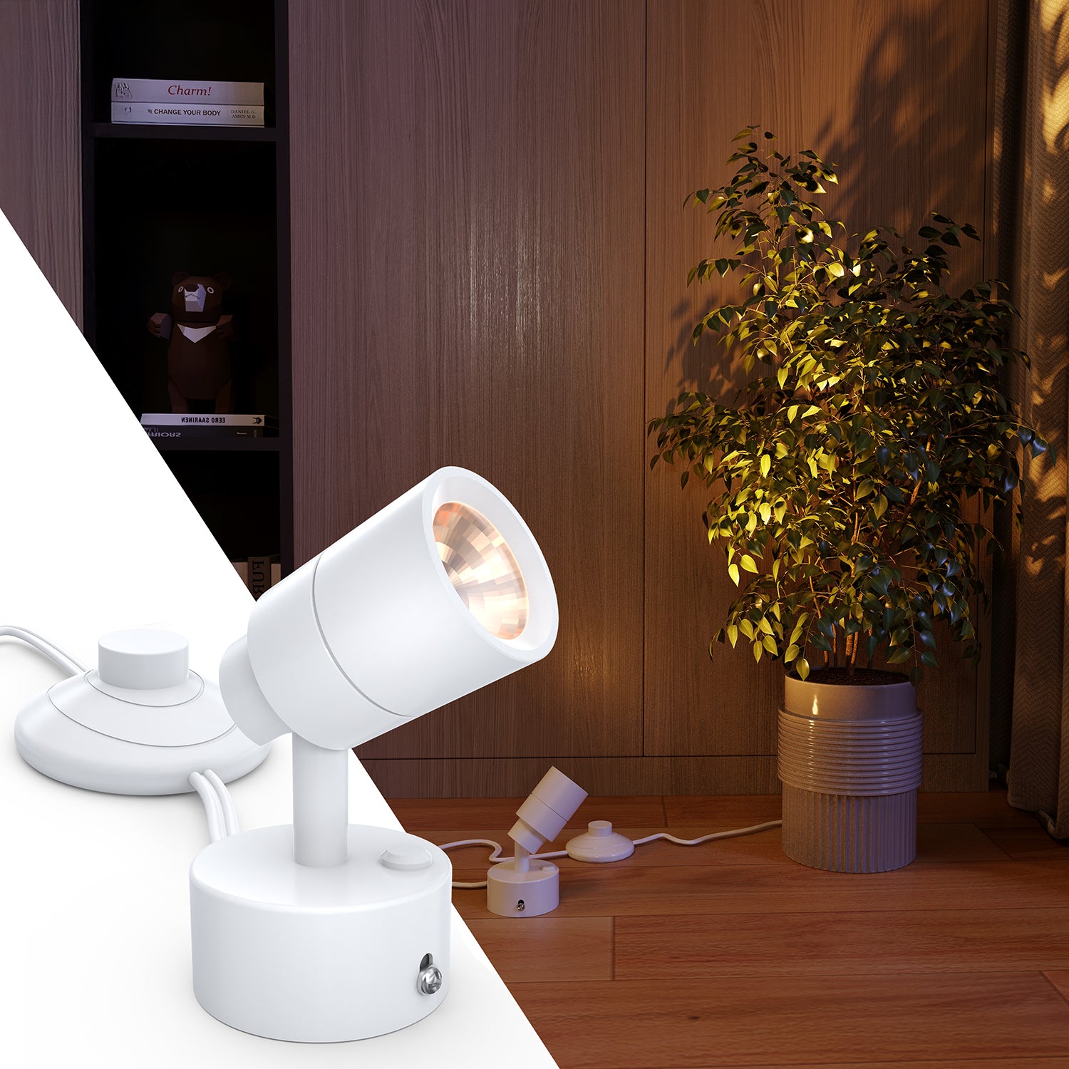The cylindrical design and white finish of the floor spotlight elegantly enhances your home's ambiance.