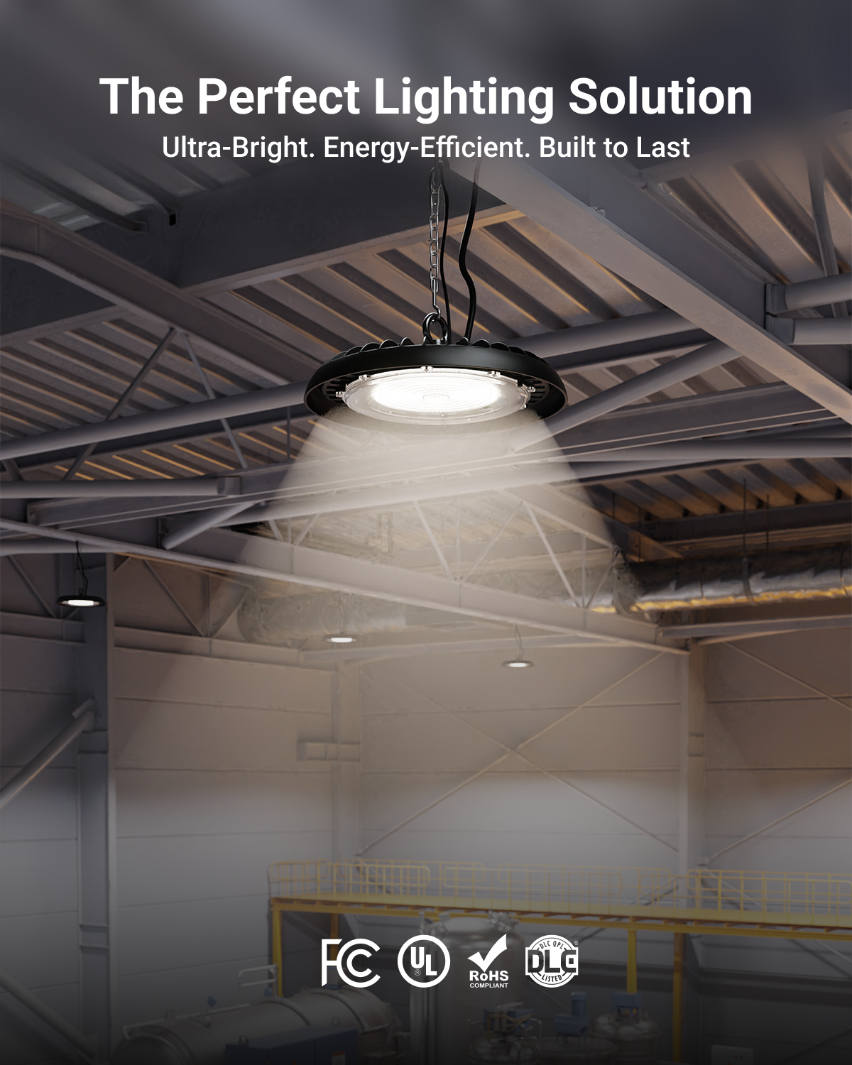 The UFO High Bay features widespread, even light distribution. Perfect for large and spacious areas such as warehouses, gyms, and more.