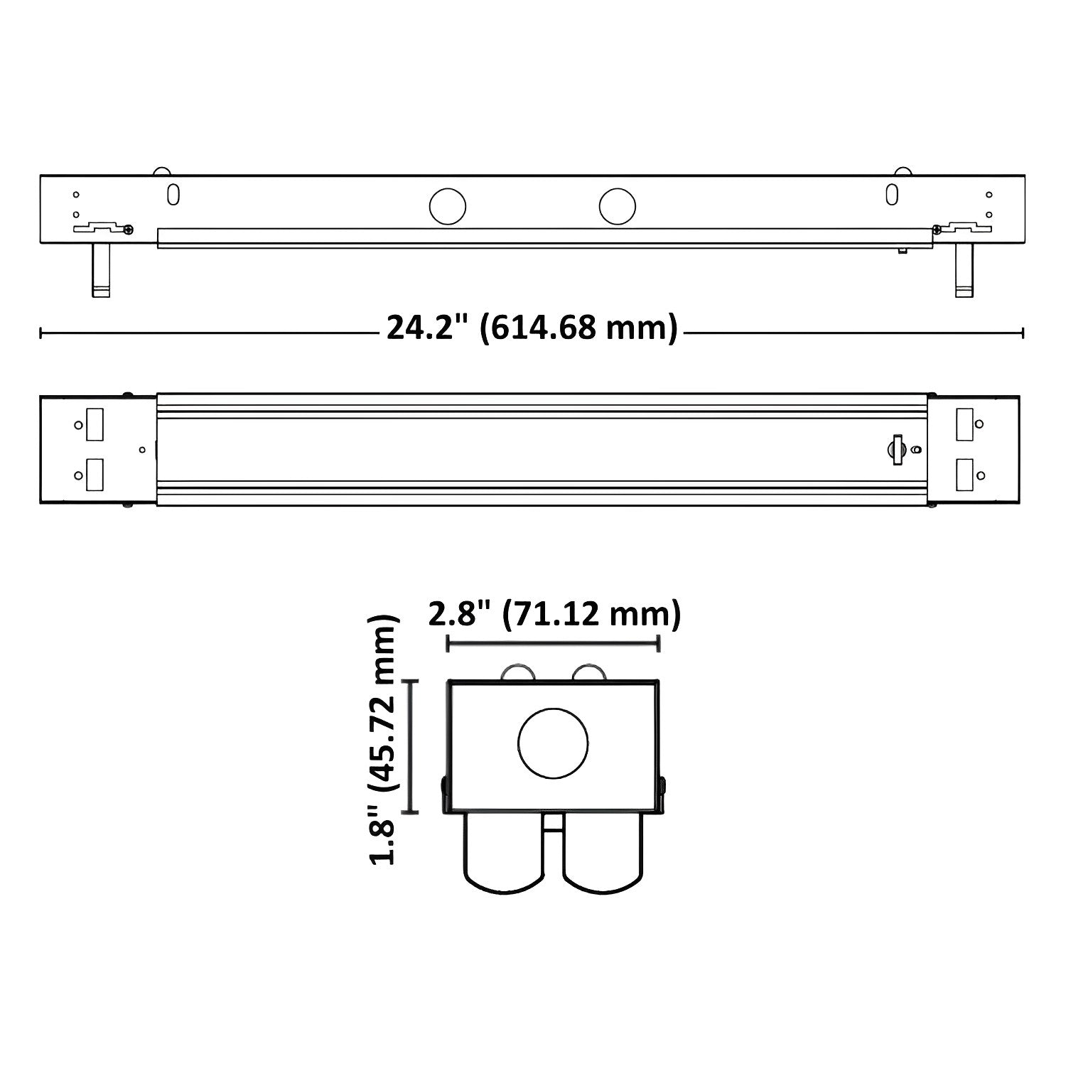 2-foot LED Ready Strip Light Fixture - Double-Lamp - Non-Shunted - Double Ended - 120-277V - White Finish - UL Listed Linear Kitchen Lighting Fixture for Warehouses Retail Stores Commercial Areas - Dimension