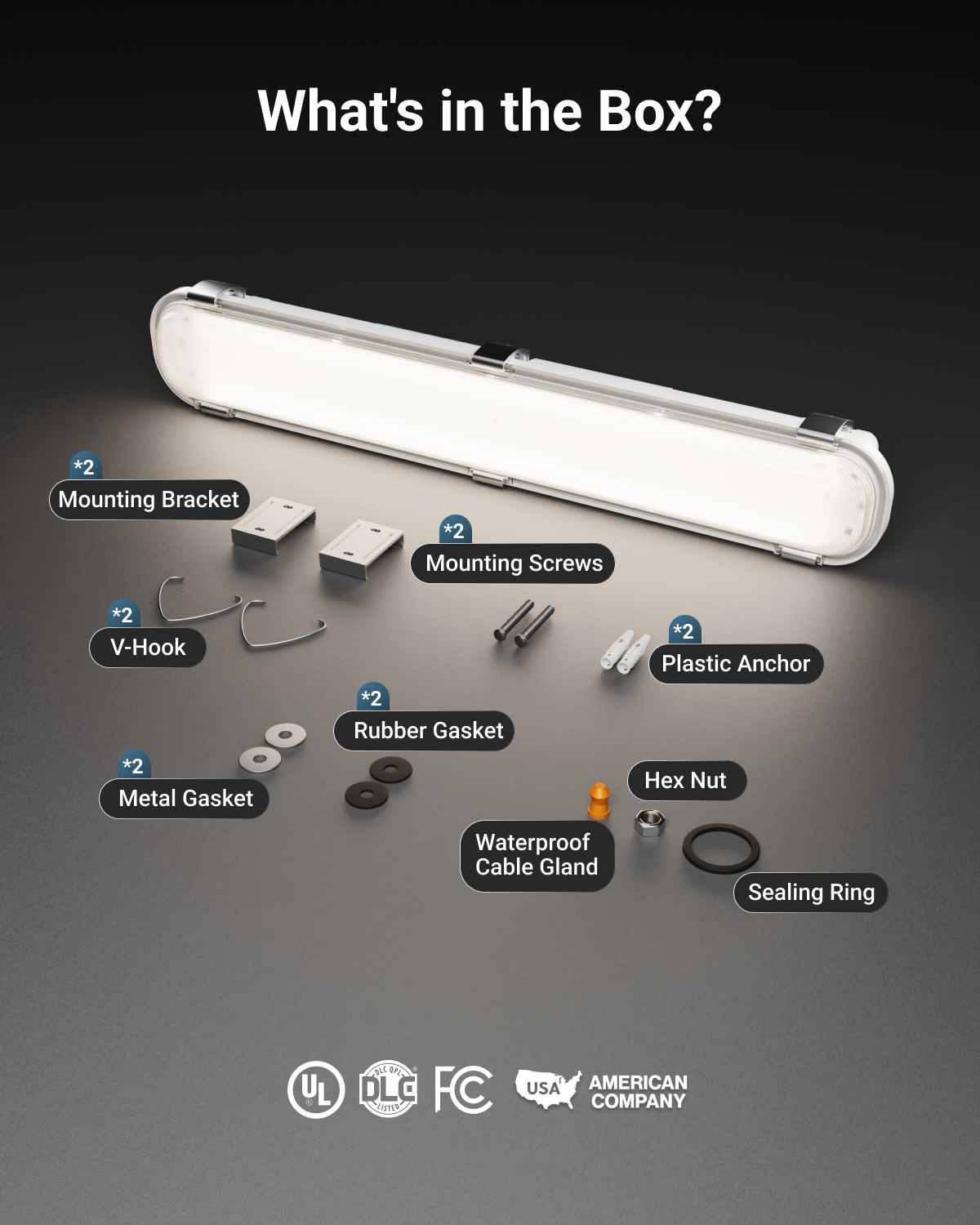 Comes with surface mount kit, V-hooks, and waterproof joint.