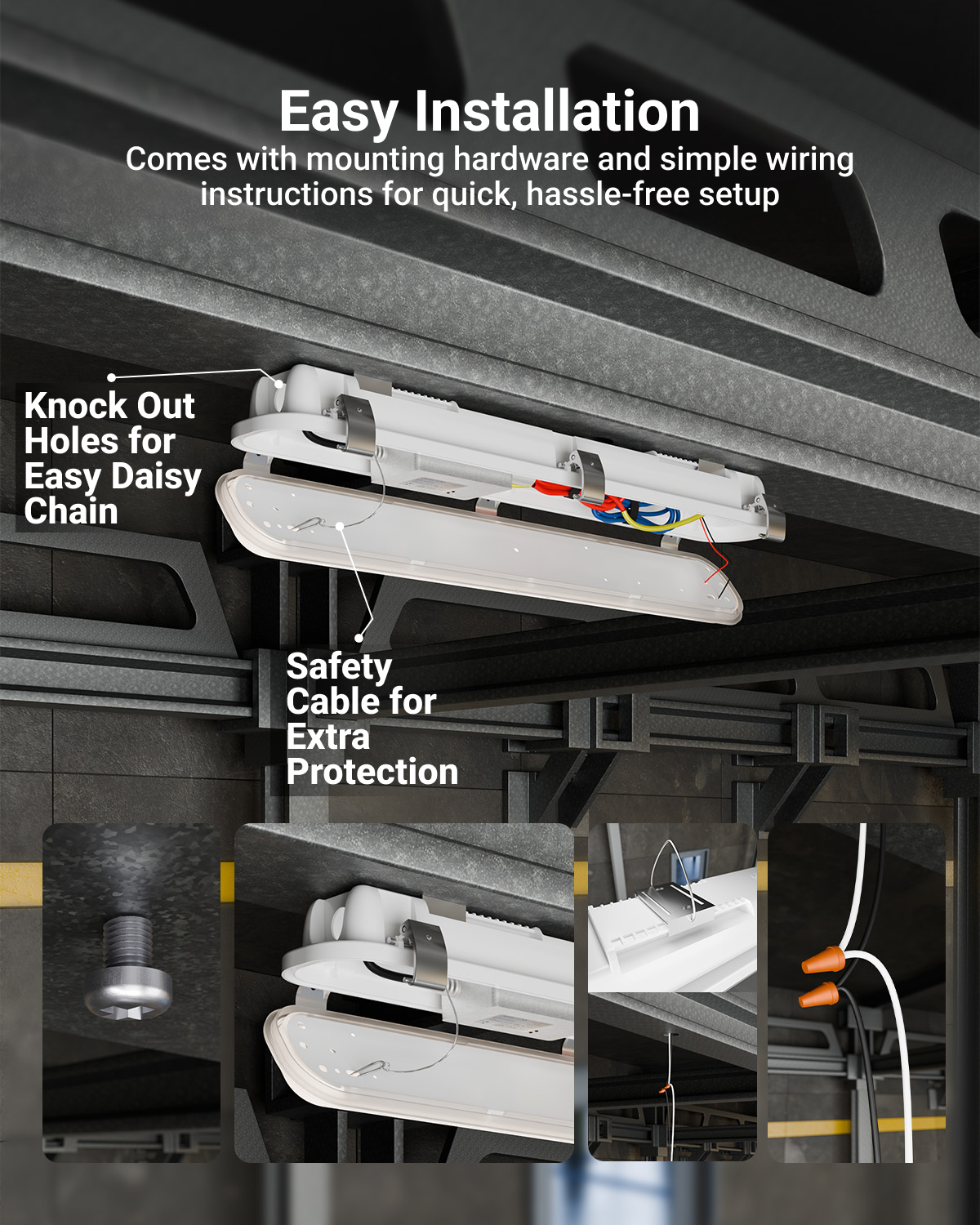 Installation is easy and hassle-free. The vapor tight fixture is suitable for wet locations and can be installed via surface mount.