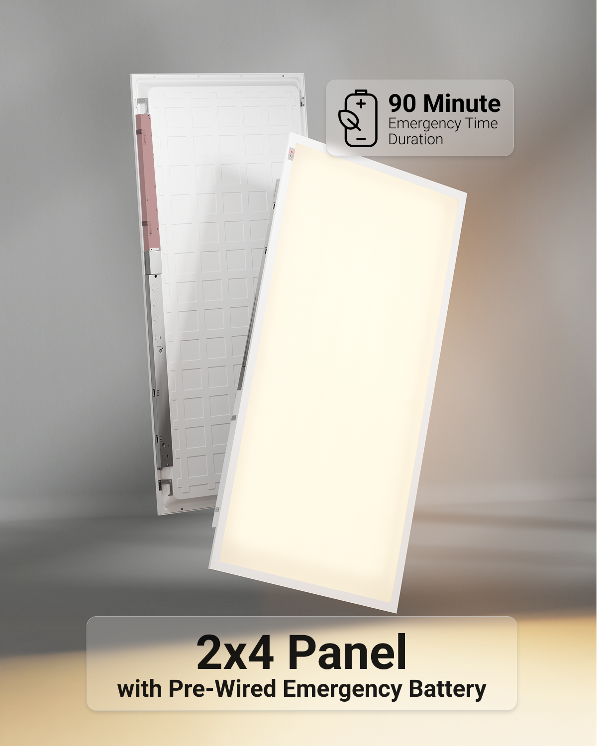 The panel includes an emergency battery with a duration time of 90 minutes, giving occupants additional time to make their exit.