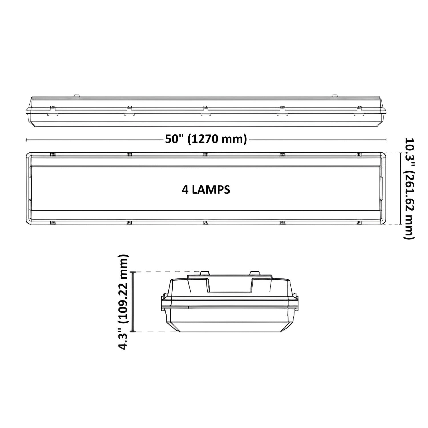 4-foot Vapor Tight Light Fixture - LED Ready - 4-Lamp - Non-Shunted - Double Ended - 120-277V - IP65 Waterproof - UL Certified - Replaces Traditional Fluorescent Fixtures - Dimension