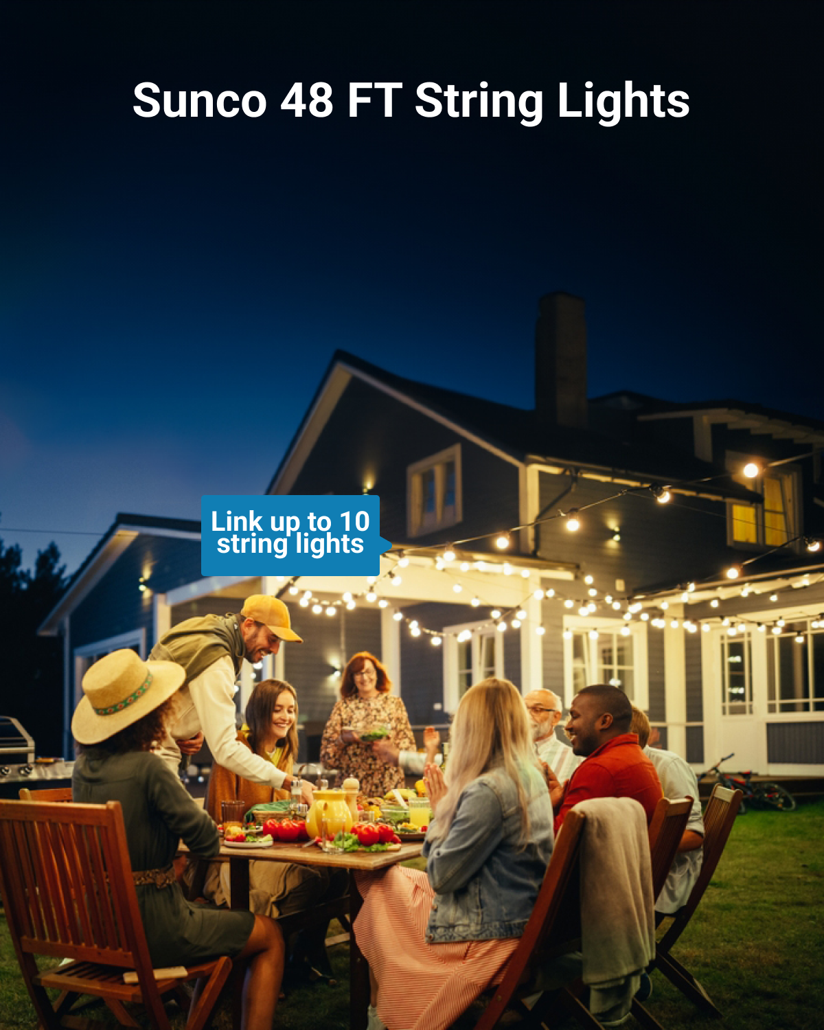 Link up to 10 string lights to enhance the overall vibrancy. The lights are perfect for outdoor parties, events, barbecues, and more.