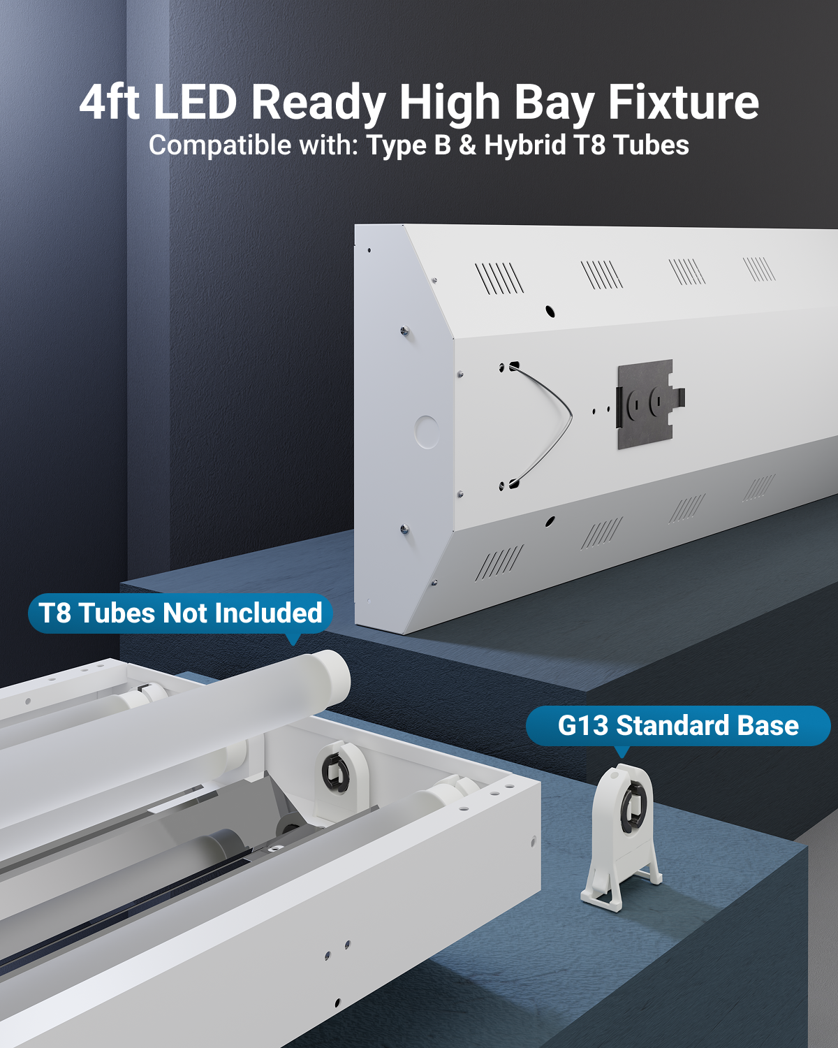 The fixture is compatible with both single-end and double-end direct wire lamps, providing flexibility in lamp selection.
