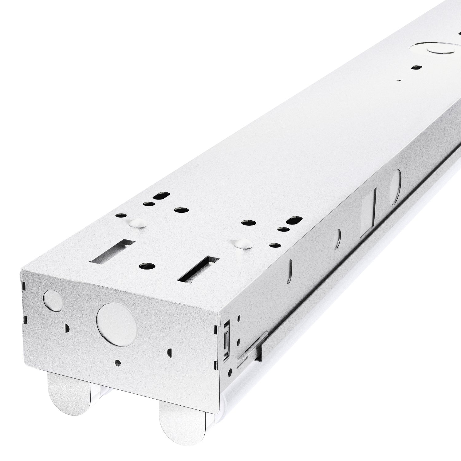 The 4ft LED Ready 2-Lamp Strip Fixture features a prismatic lens for low-glare illumination, non-shunted sockets, and dual-end pre-wiring for optimal lighting performance.