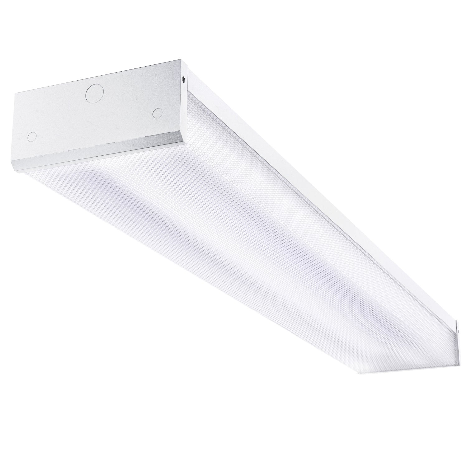 The 4ft LED Ready Wraparound Fixture features a prismatic lens for low-glare illumination, non-shunted sockets, and dual-end pre-wiring for optimal lighting performance.