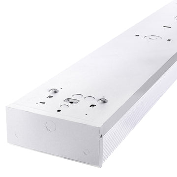 The 4ft LED Ready Wraparound Fixture features a prismatic lens for low-glare illumination, non-shunted sockets, and dual-end pre-wiring for optimal lighting performance.