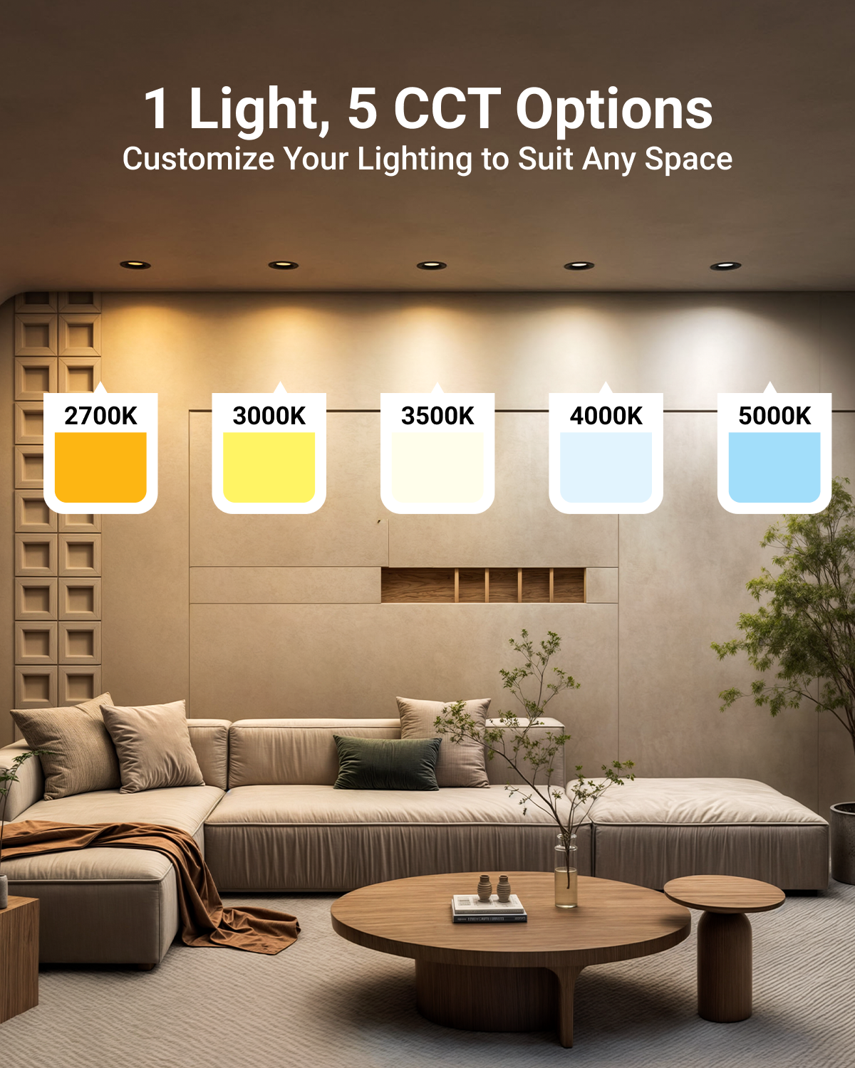 Choose various color temperatures (2700K/3000K/3500K/4000K/5000K) to your desired color setting. Easy CCT selection with the slider switch on light.