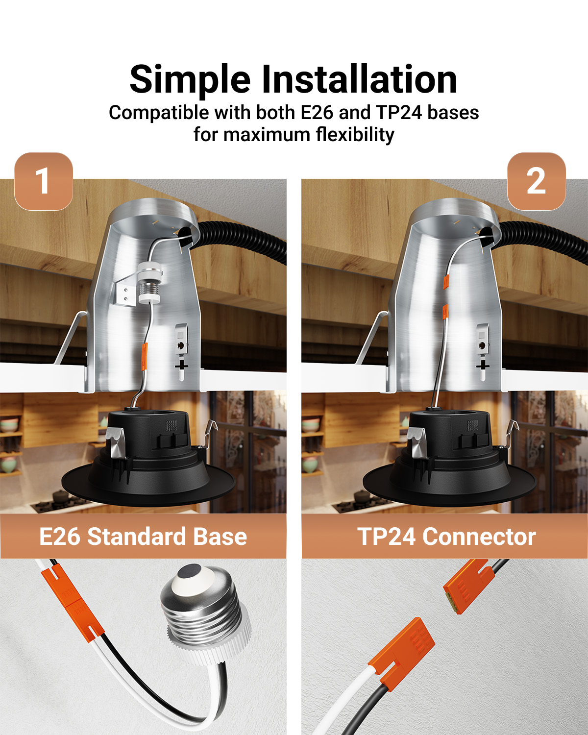 No additional accessories needed. Simply install using two methods by applying the E26 Standard Base or the TP24 Connector.