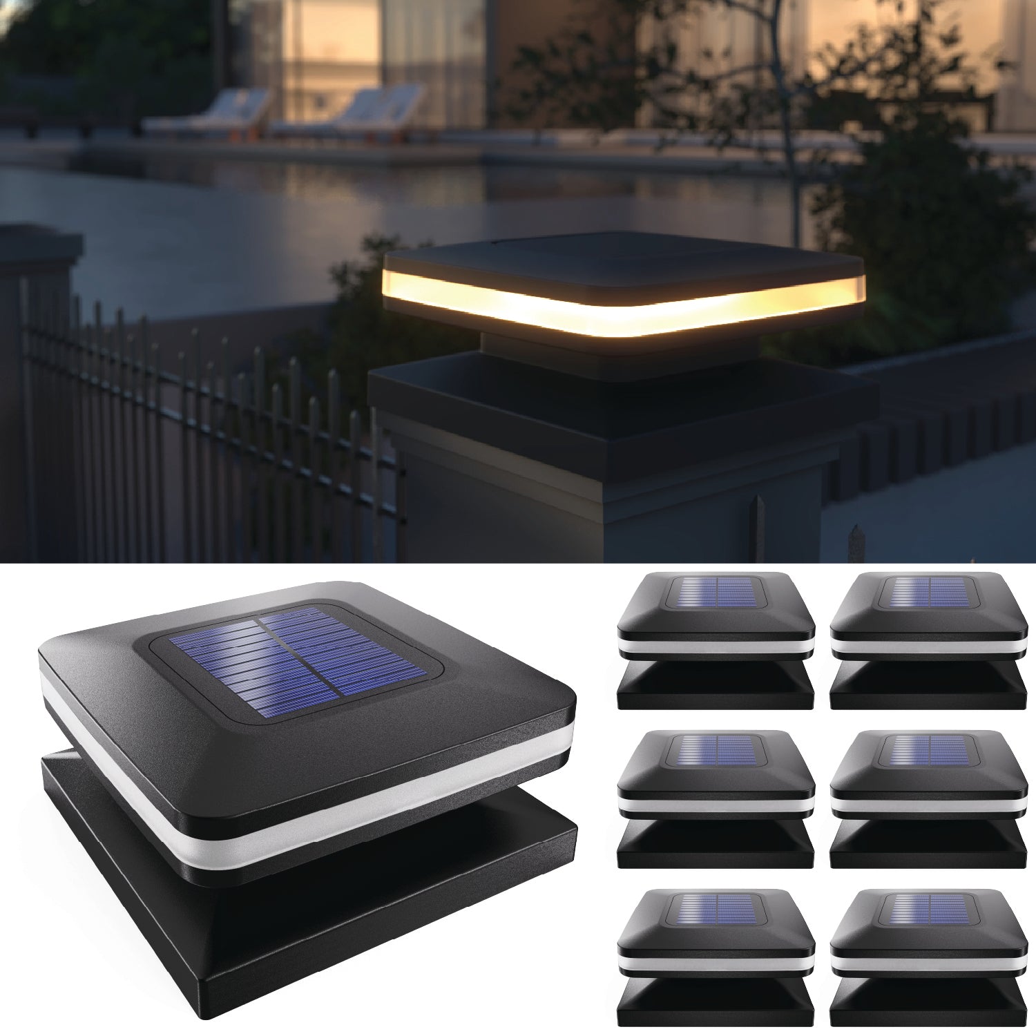 Solar LED Square Post Lights, Dusk to Dawn Photocell, Selectable CCT