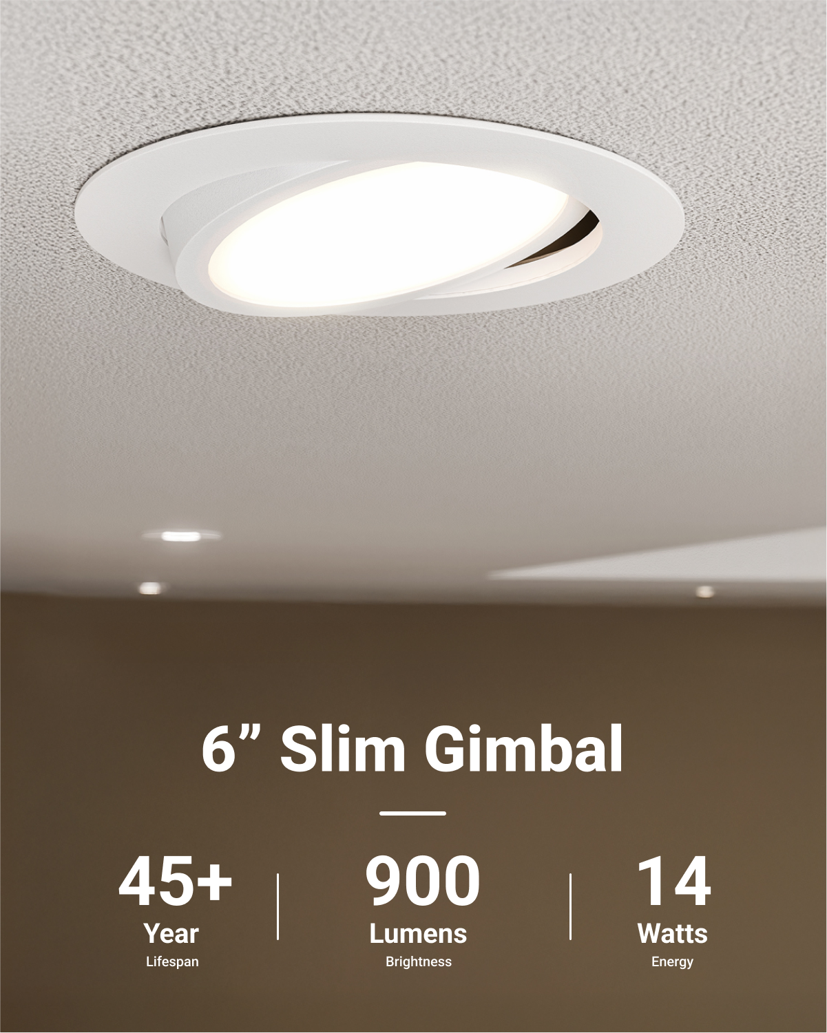 Recessed LED Lighting, 6 Inch, Slim Gimbal, Selectable CCT, 900 Lumens