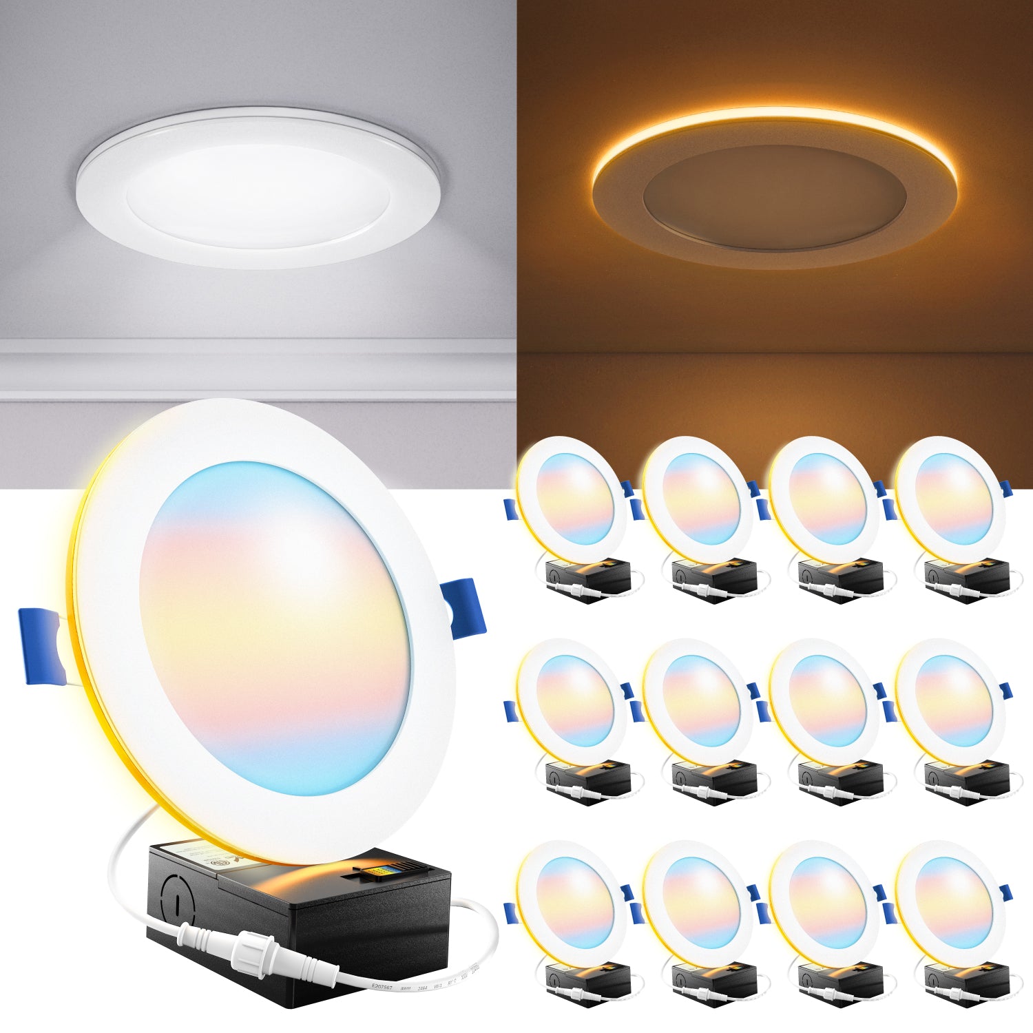 Recessed LED Lighting, 6 Inch, Night Light, Slim, Wafer Thin, Selectable CCT, 1500 Lumens