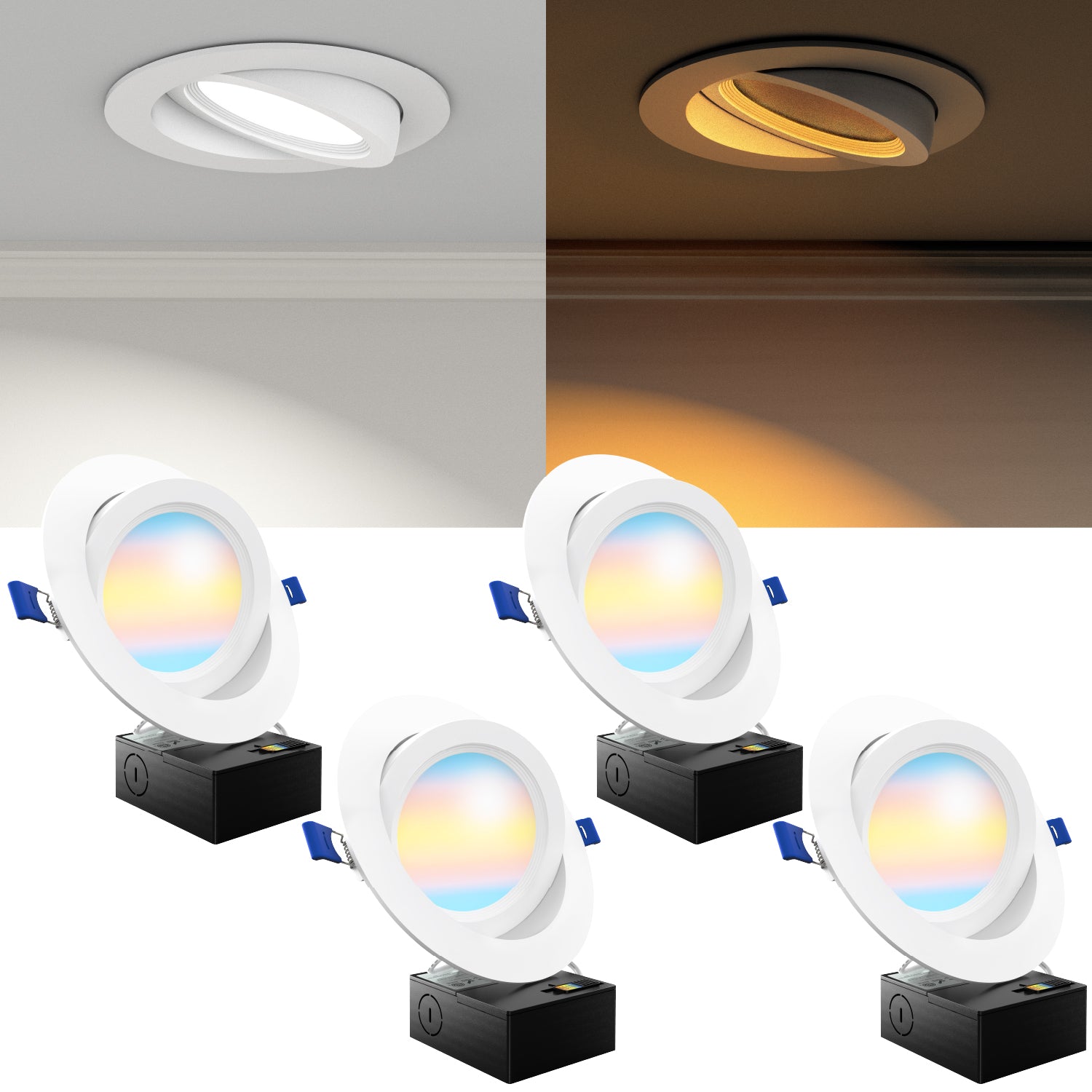 Recessed LED Lighting, 6 Inch, Slim Eyeball Gimbal, Baffle Trim, Night Light, Selectable CCT, 1400 Lumens