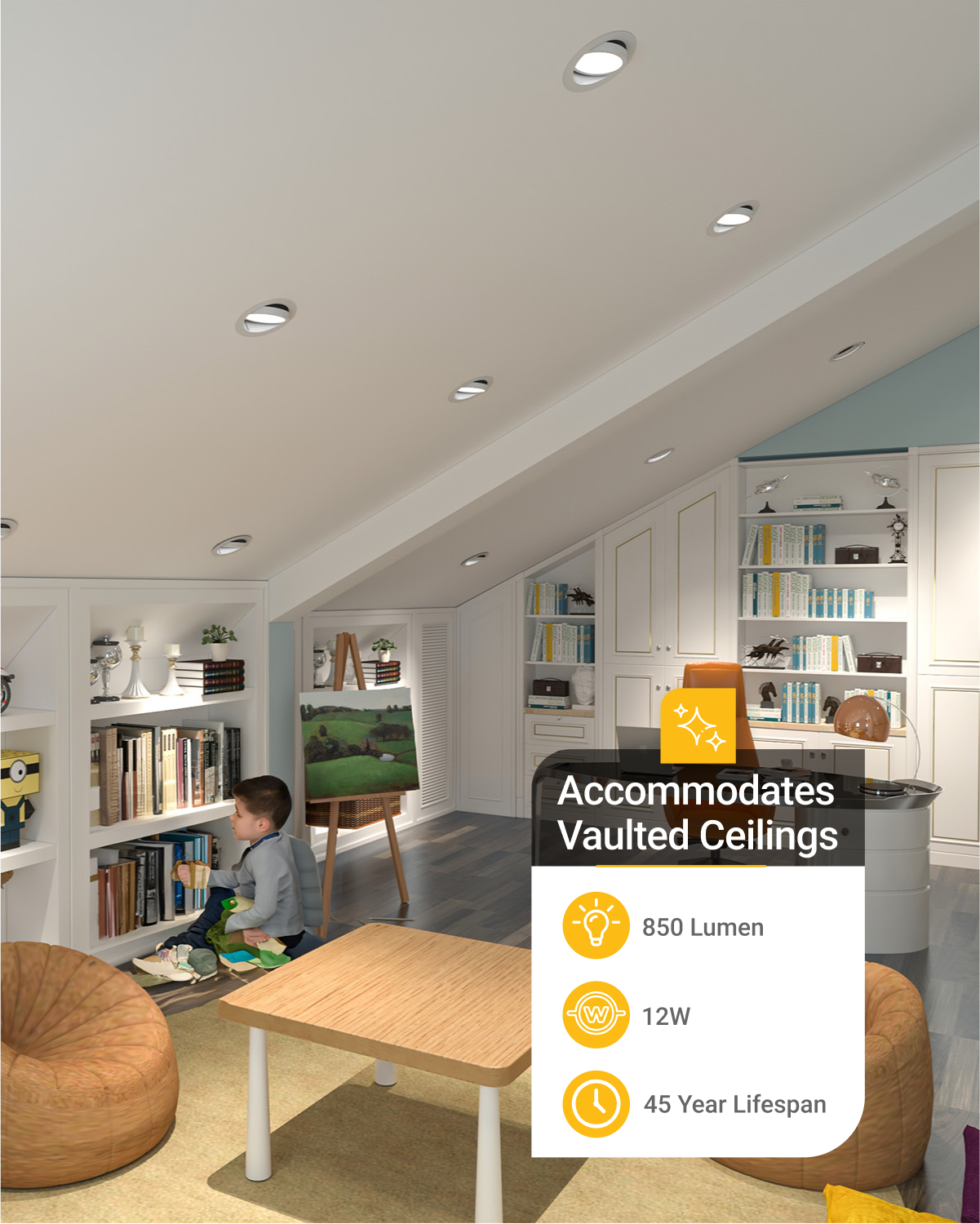 The light is perfect for sloped and vaulted ceilings, thanks to the revolving gimbal feature.