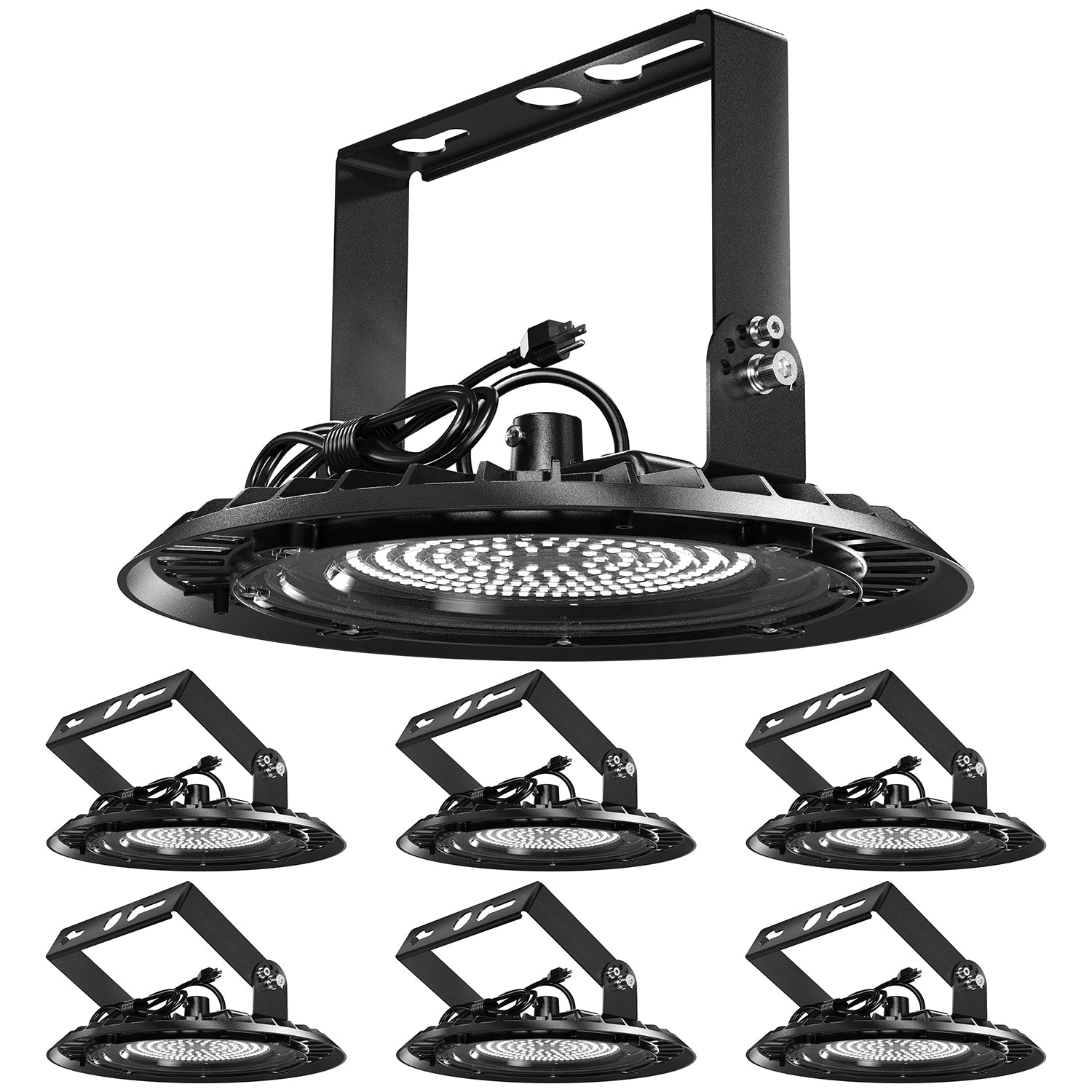 UFO High Bay 150W Plug & Play LED Fixture with U-Bracket, 2-Step Install, 19500 Lumens