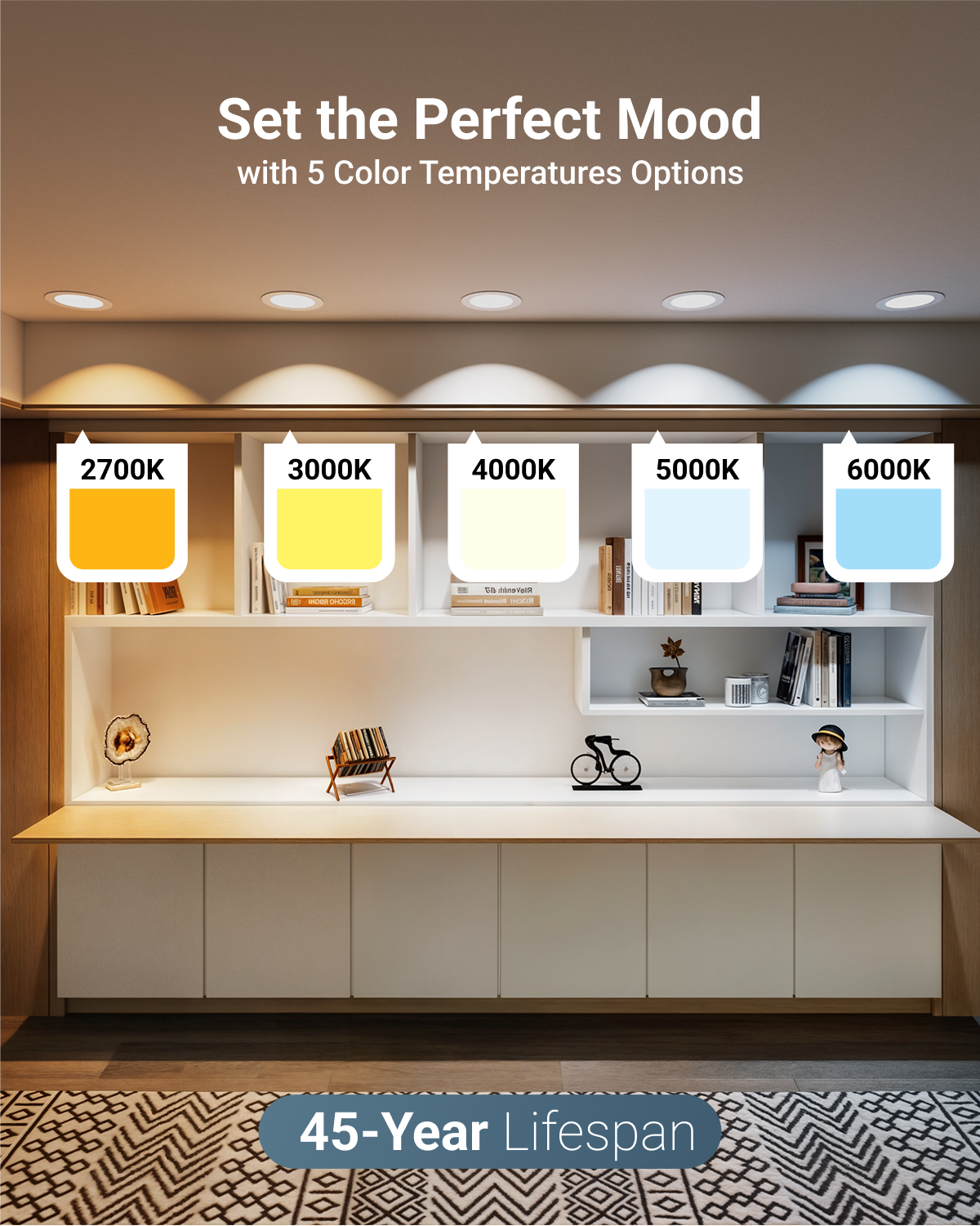 Customize your lighting with selectable CCT—choose from warm to daylight tones at the flip of a switch to suit any space or mood.