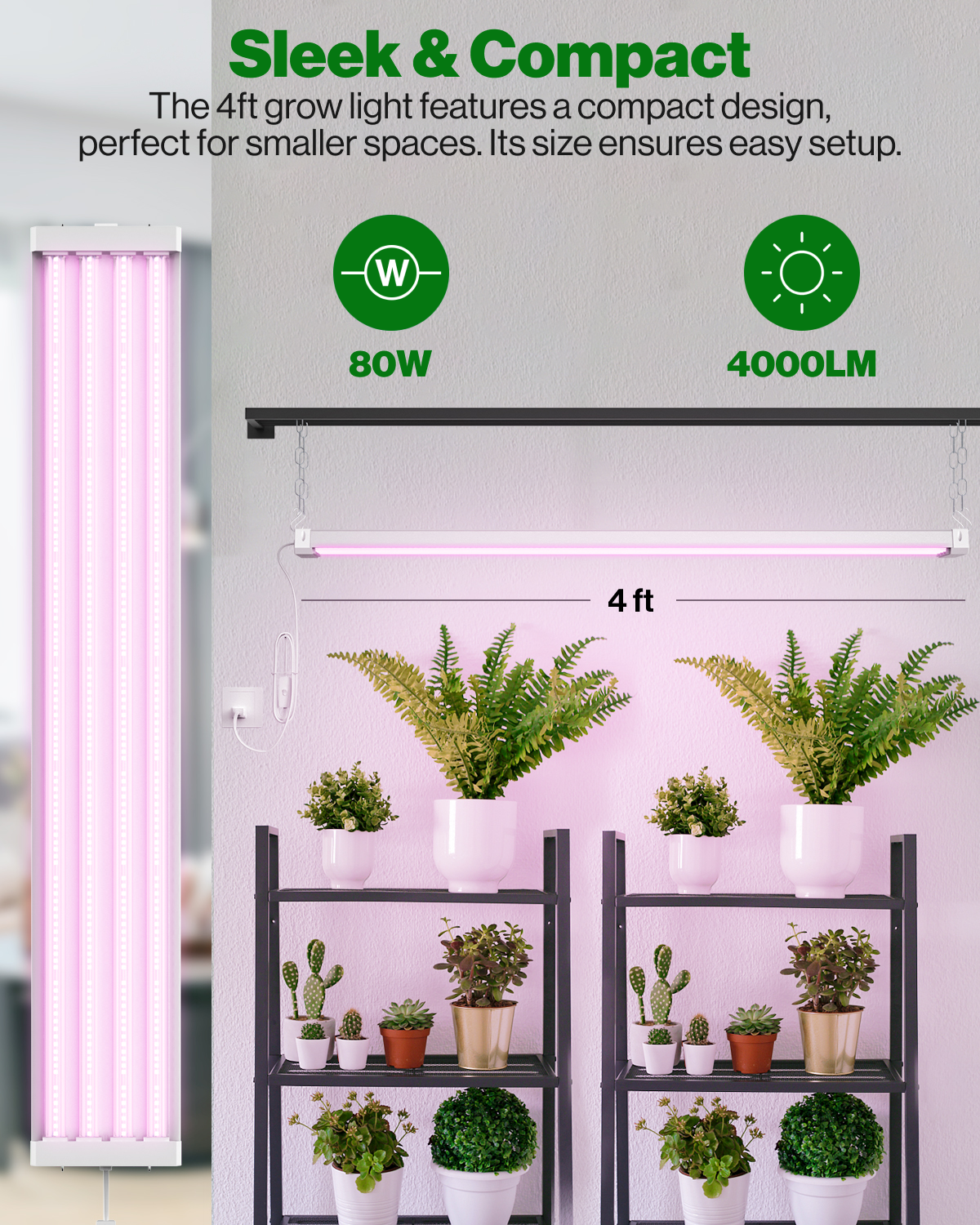 SuncoGrow Full Spectrum LED Grow Light, 4ft, 80W, Linkable