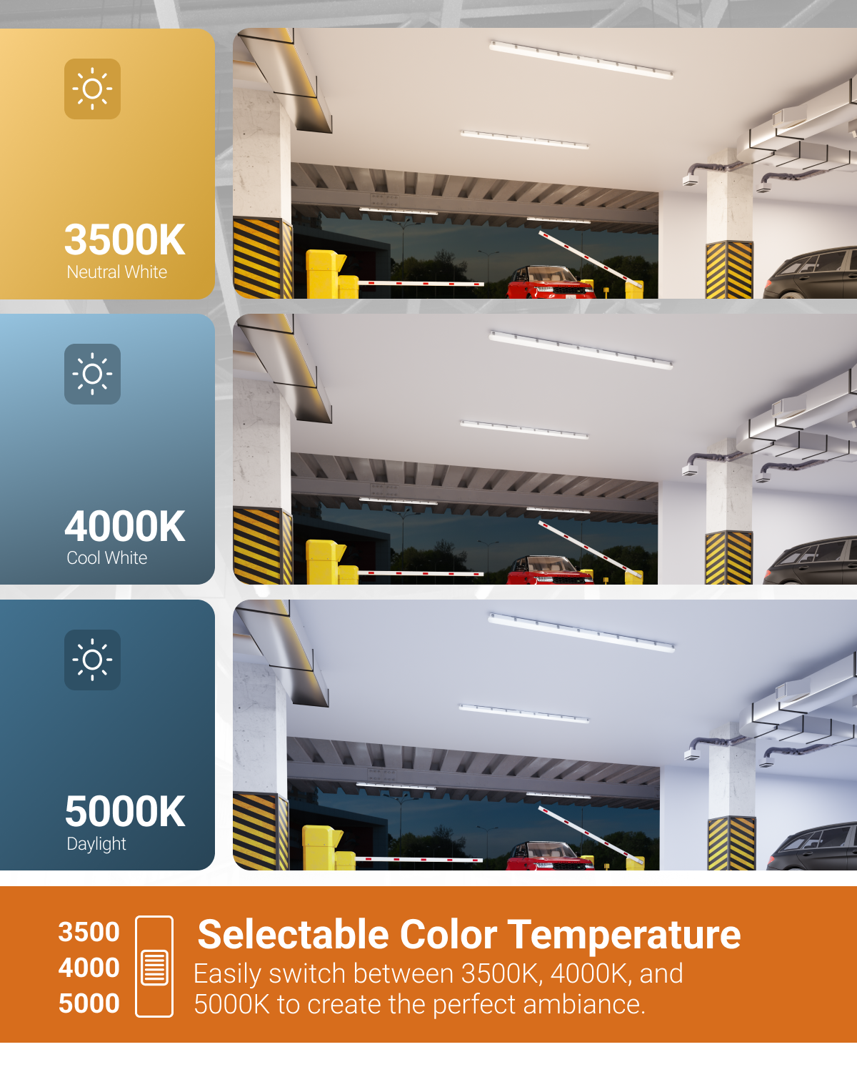 Easily switch between 3500K, 4000K, and 5000K to create the perfect ambiance.