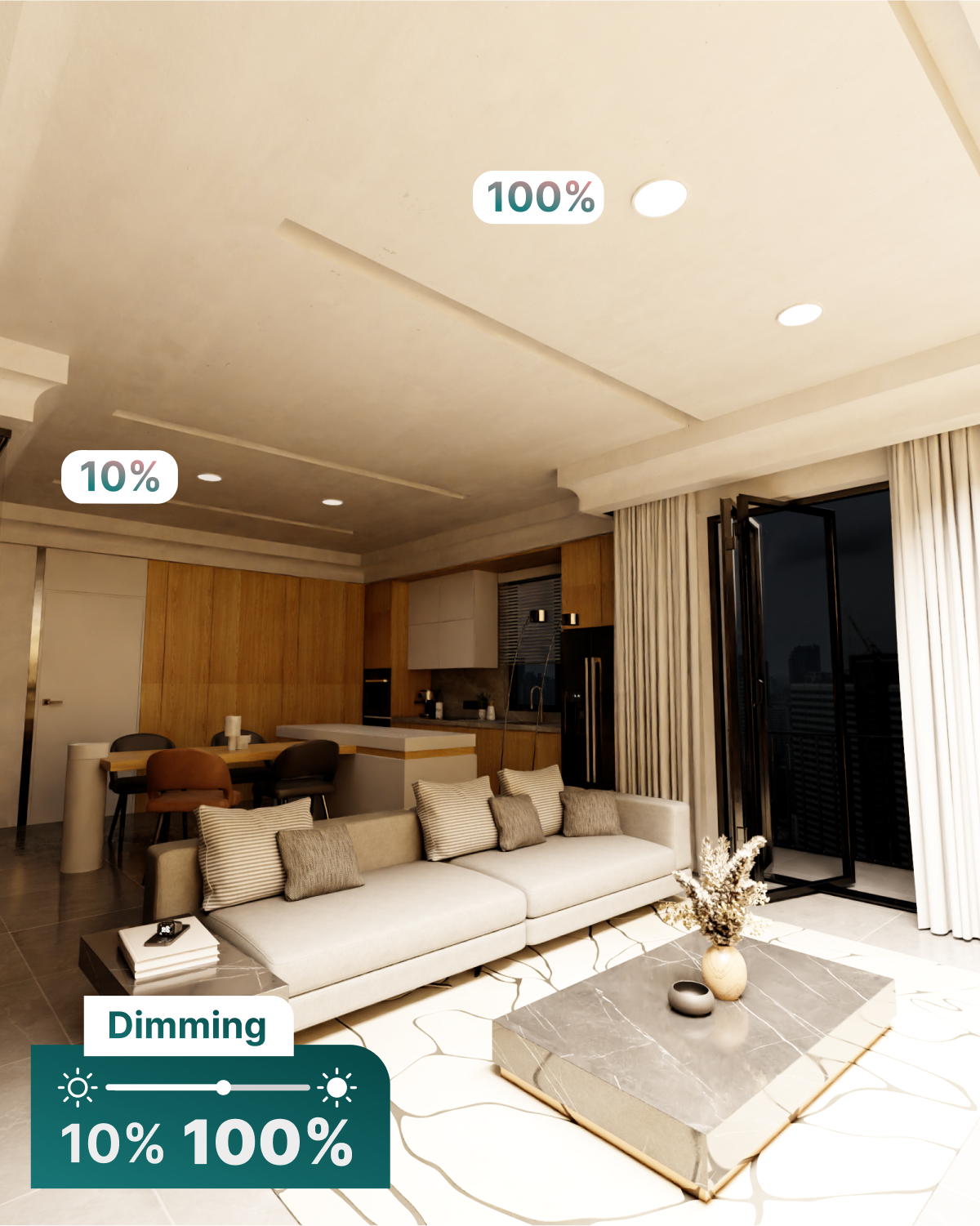 Seamless dimming capabilities (100%-10%) to fit any mood or decor. Our slim downlights give off sunlight-like quality for true color rendering.