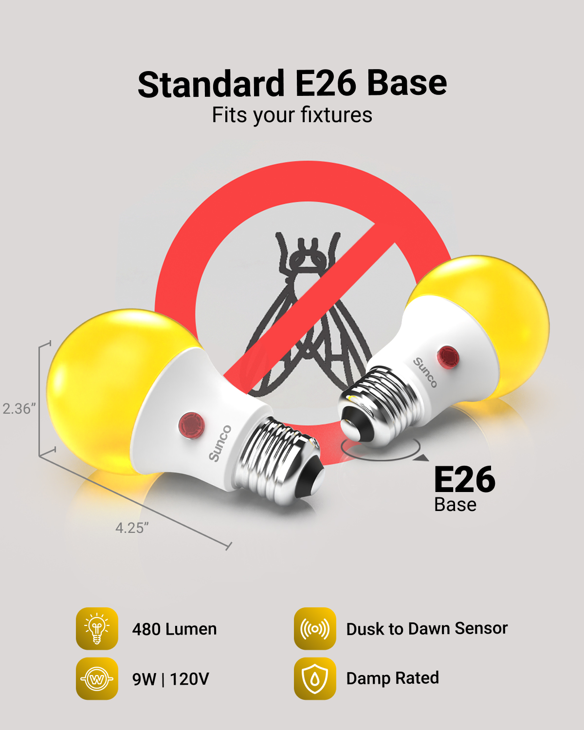 A19 LED Bulb, Yellow Bug Light, Dusk to Dawn Photocell, 480 Lumens