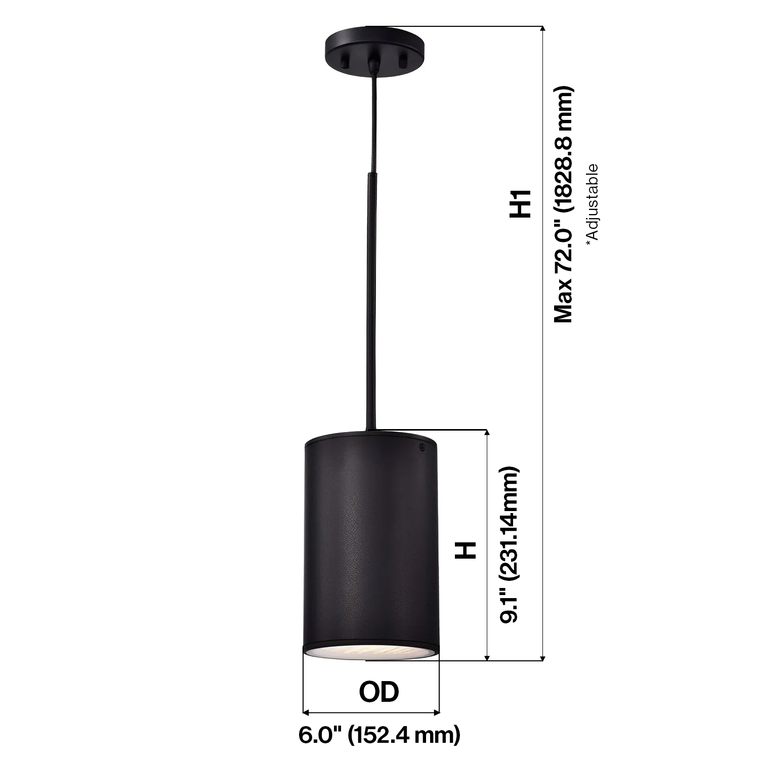 6" Black Finish Cylinder LED Pendant Light, P5048D Series