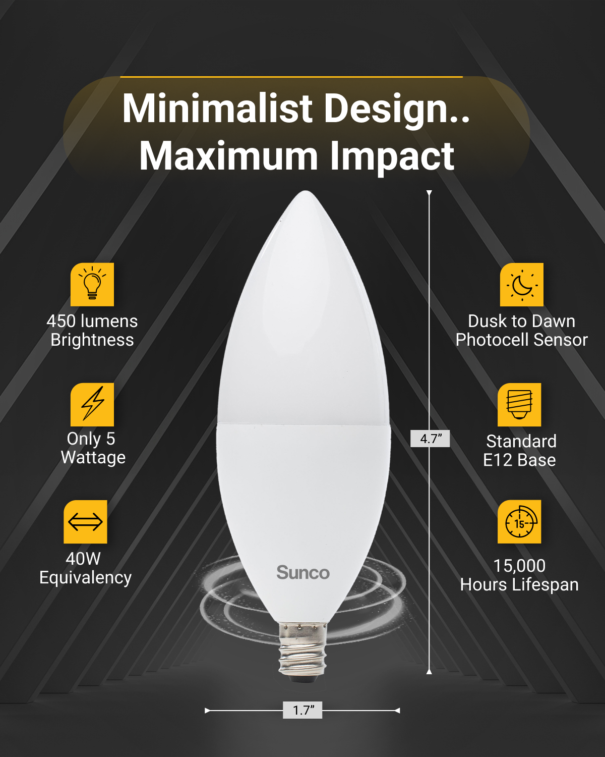 B11 LED Candelabra Bulb, Dusk to Dawn Photocell, 450 Lumens
