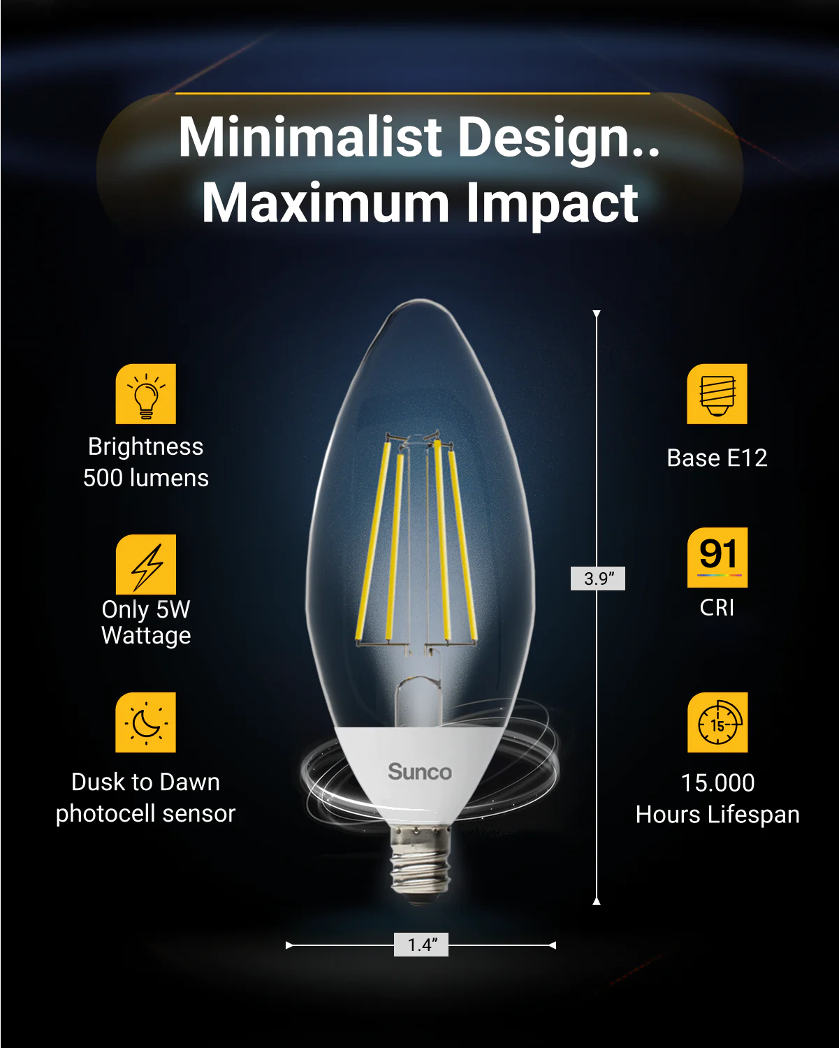 B11 LED Candelabra Bulb, Dusk to Dawn Photocell, Filament, 500 Lumens