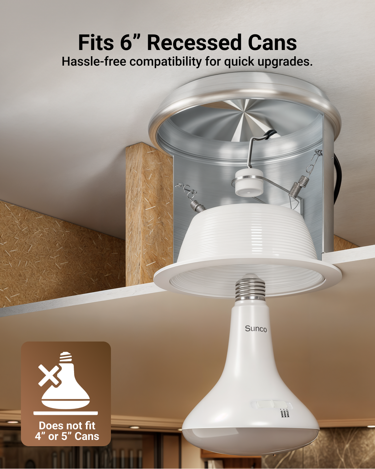 Fits 6" recessed cans. Our BR40s give off sunlight-like quality for true color rendering.