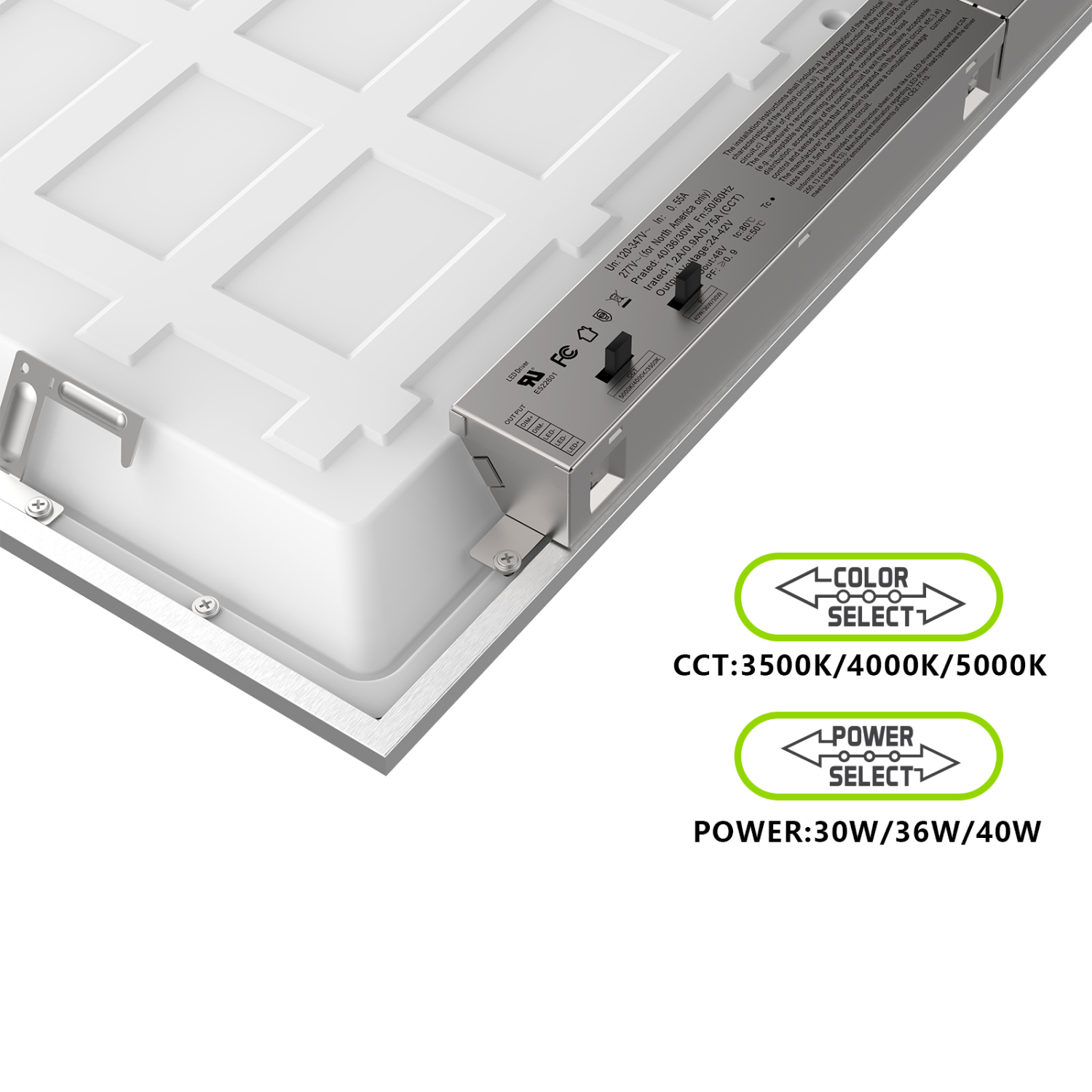 LED 2x2 Ceiling Panel Light, 40W/36W/30W, 120-347V, Selectable Wattage & CCT, 5200 Lumens