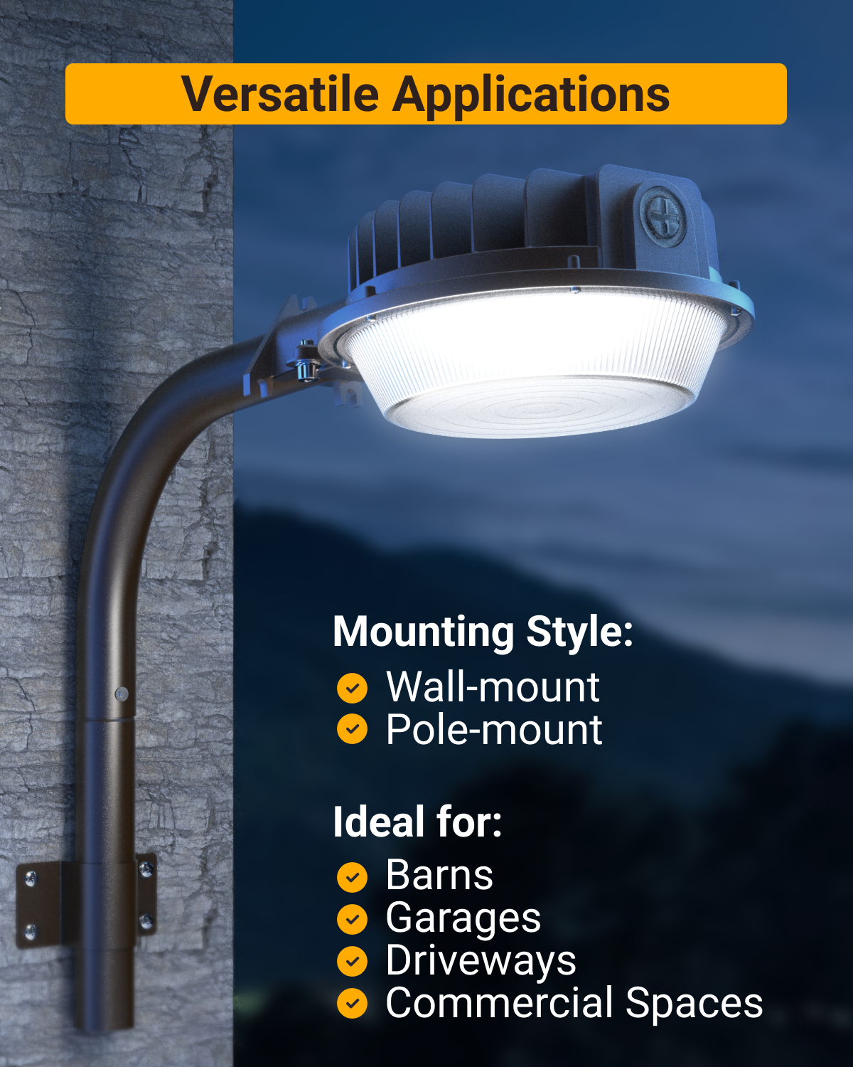 Ideal for indoor and outdoor locations, such as barns, garages, driveways, and commercial spaces.