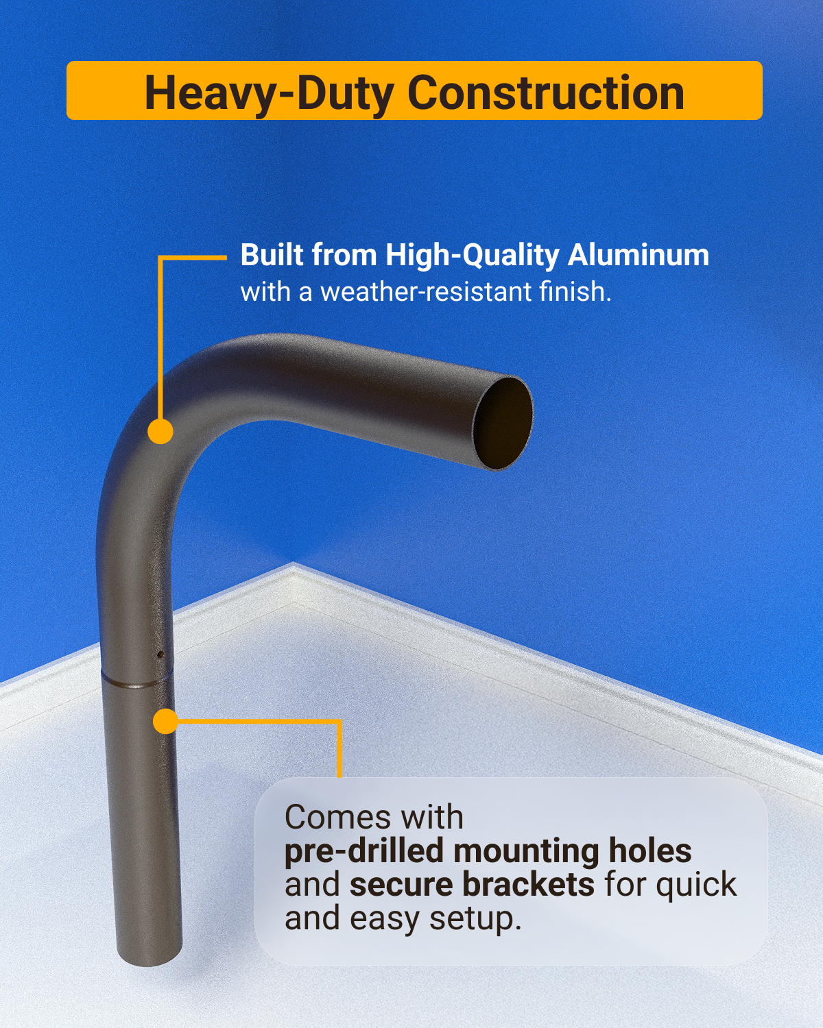Built from high-quality aluminum, the arm mount has a weather-resistant finish and comes with pre-drilled mounting holes and secure brackets for easy setup.