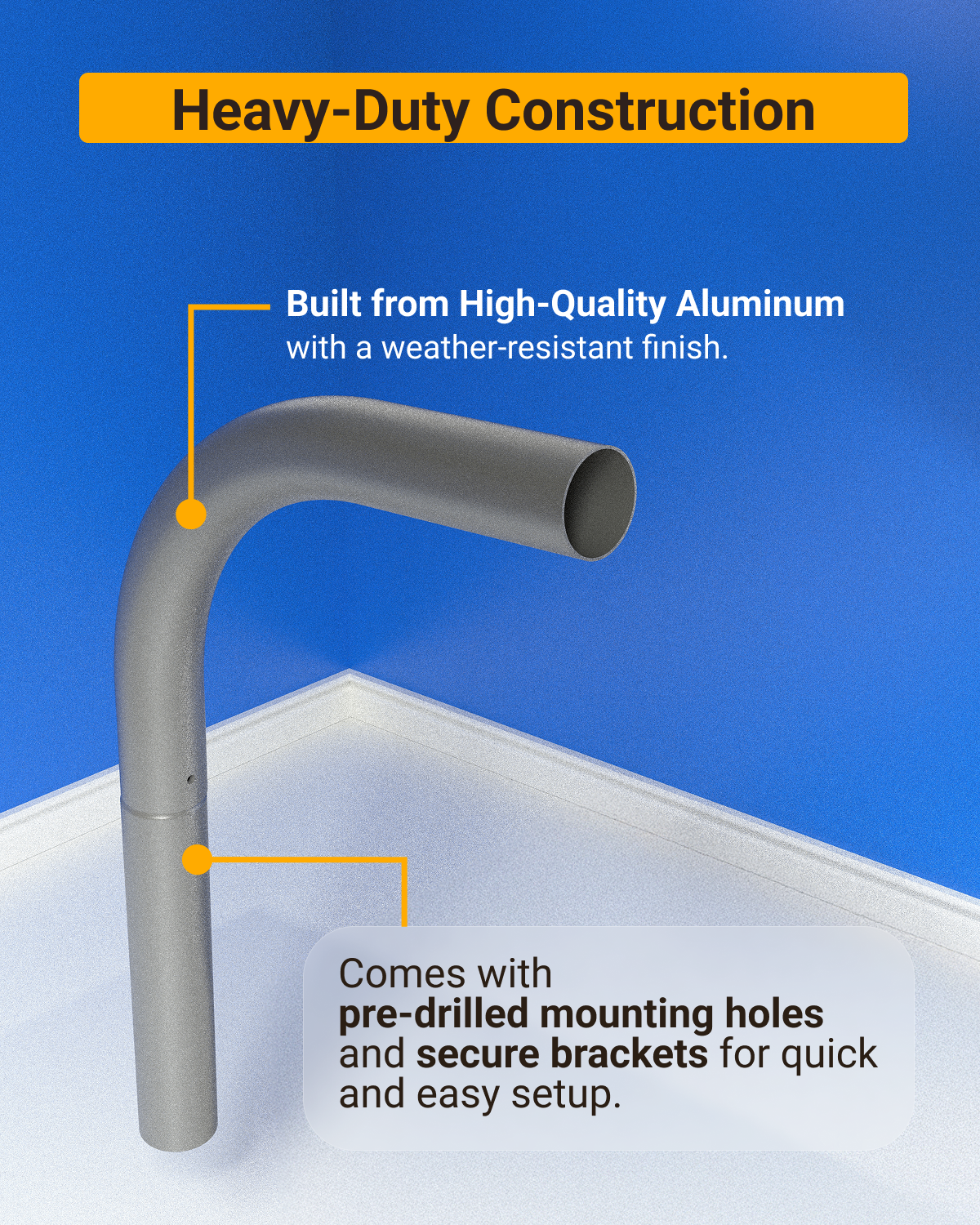 Built from high-quality aluminum, the arm mount has a weather-resistant finish and comes with pre-drilled mounting holes and secure brackets for easy setup.