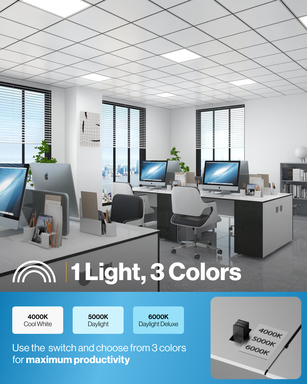 LED Ceiling Panel Light, 40W, 2x2, Selectable CCT, 4400 Lumens