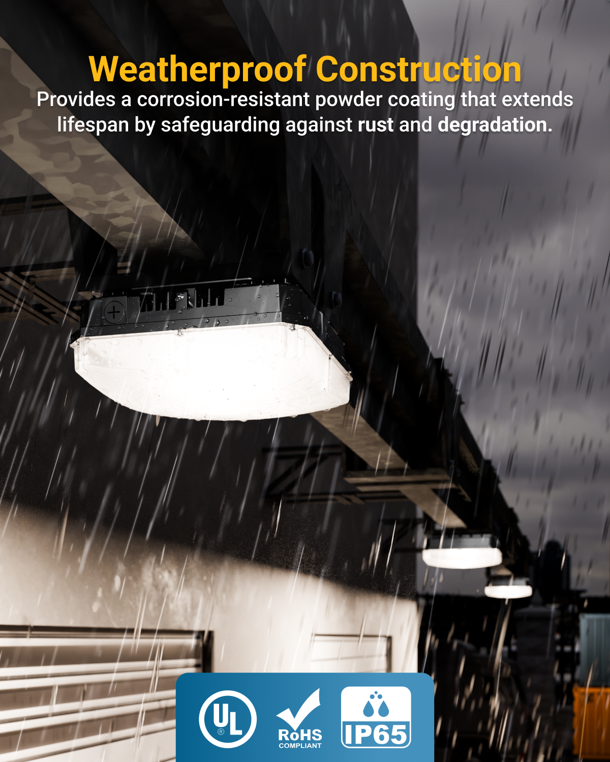 The IP65 weatherproof rating ensures our LED Canopy can stand up to the elements.