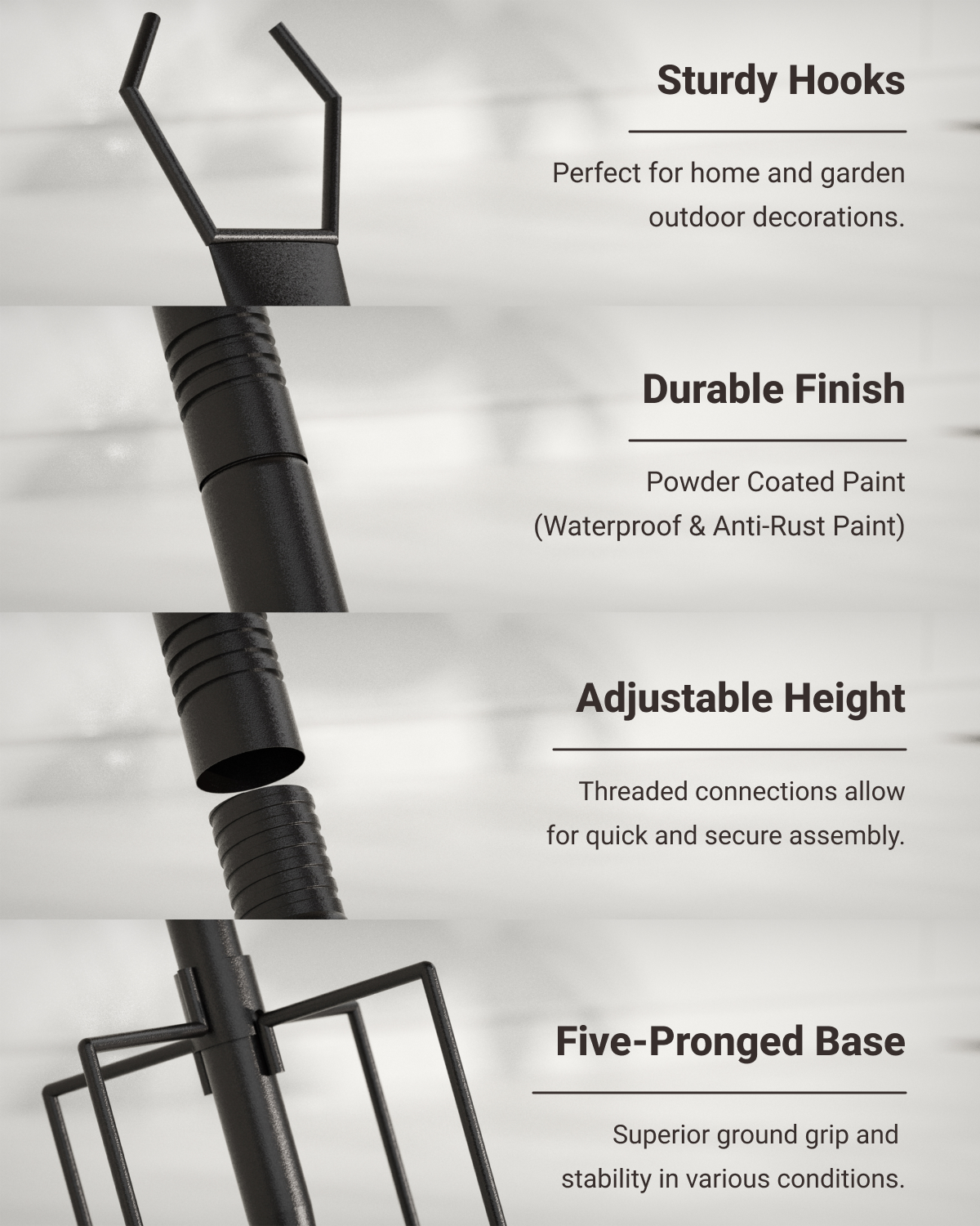 Versatile and durable, Sunco 10ft string light pole has an anti-rust finish, adjustable height, five-pronged base, and sturdy hooks.