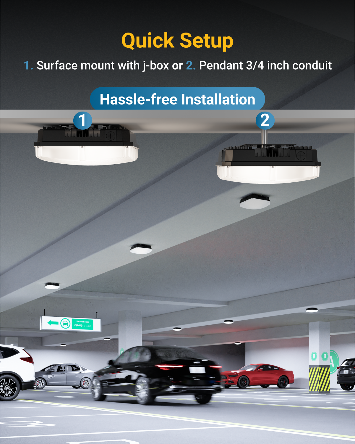 Installation is easy. Surface mount with J-Box or pendant with 3/4" conduit.