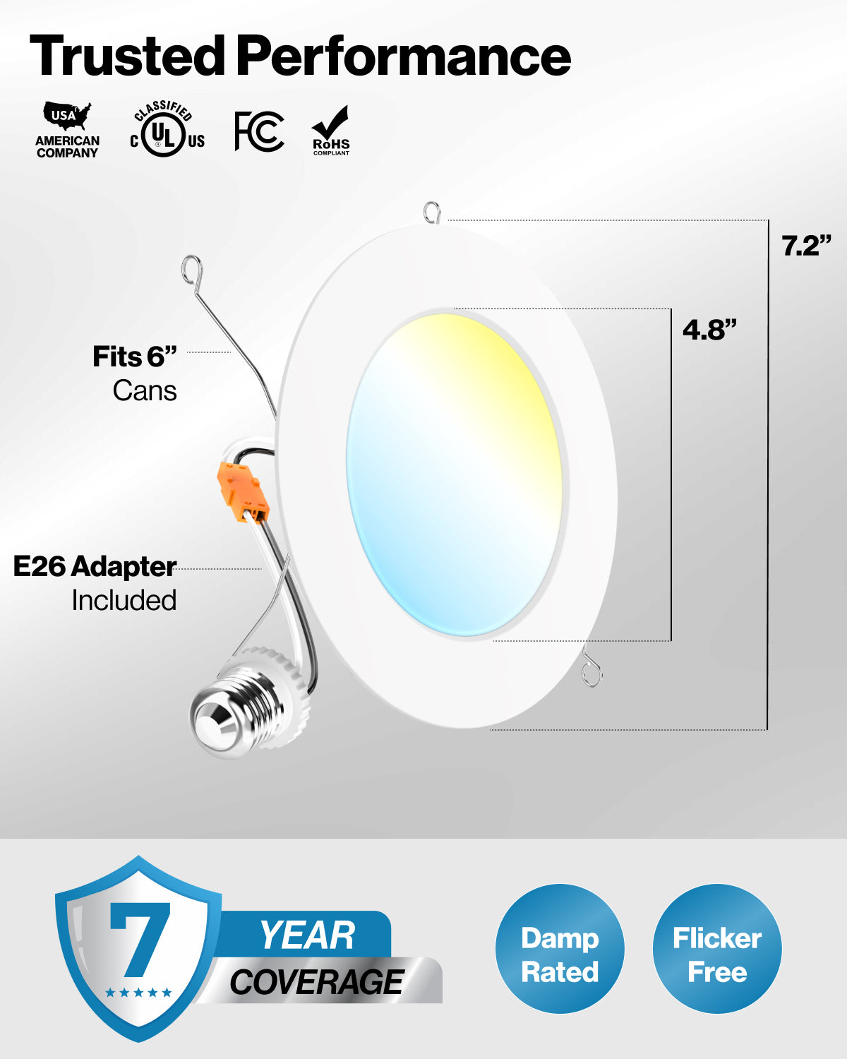 Recessed LED Retrofit Lighting, 6 Inch, Flat Smooth, Selectable CCT, 1200 Lumens