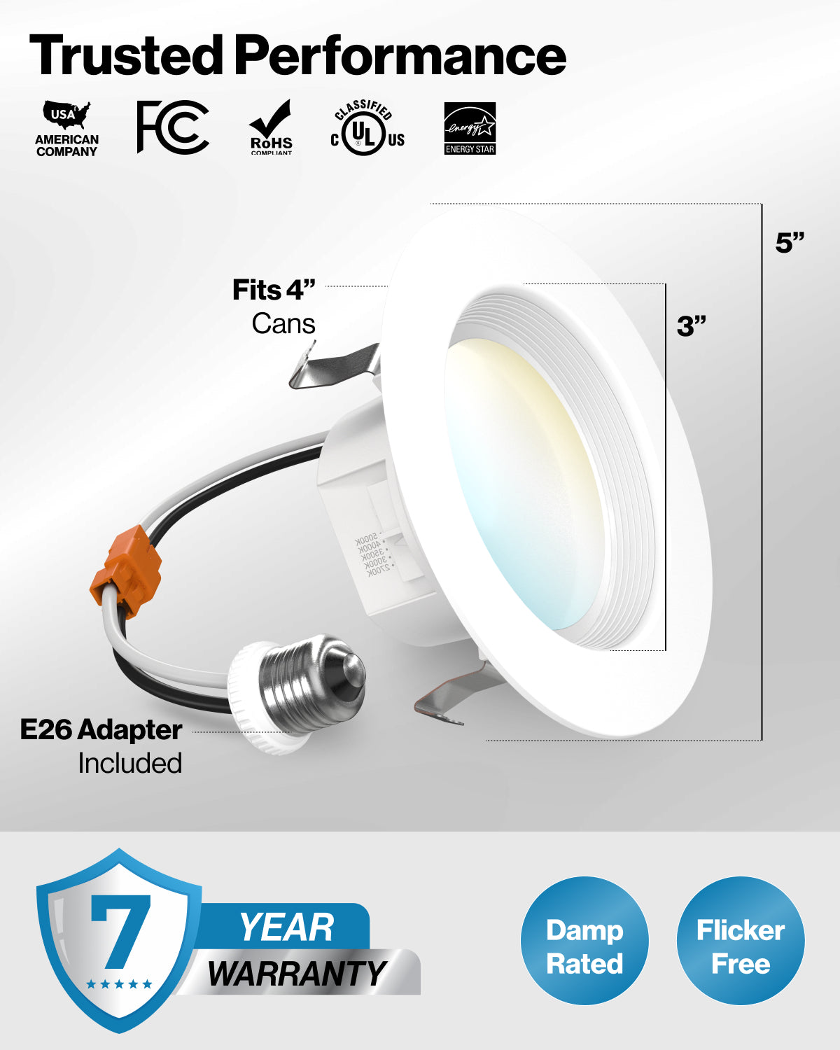 Recessed LED Retrofit Lighting, 4 Inch, Baffle, Selectable CCT, 660 Lumens